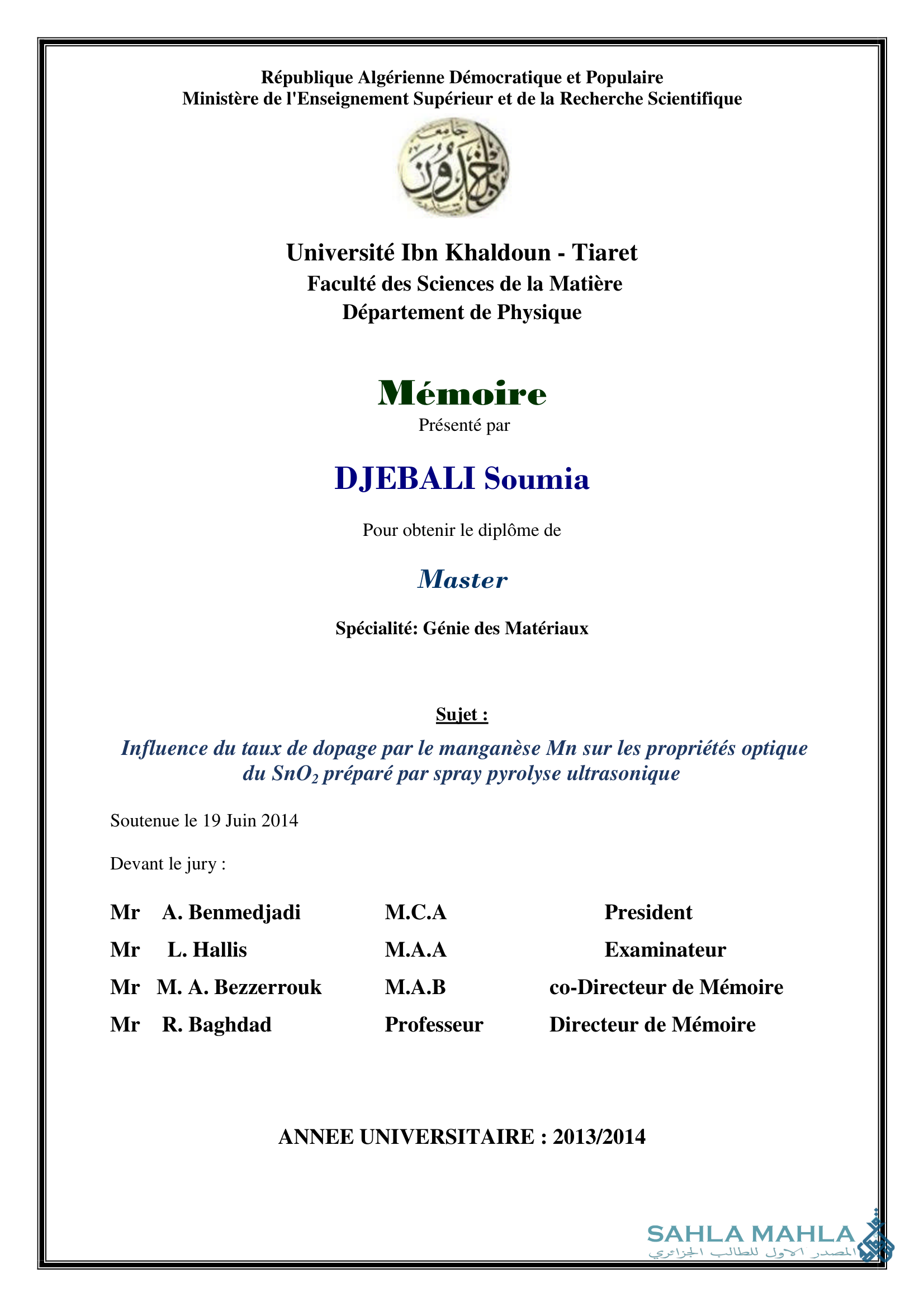 Influence du taux de dopage par le manganèse Mn sur les propriétés optique du SnO2 préparé par spray pyrolyse ultrasonique