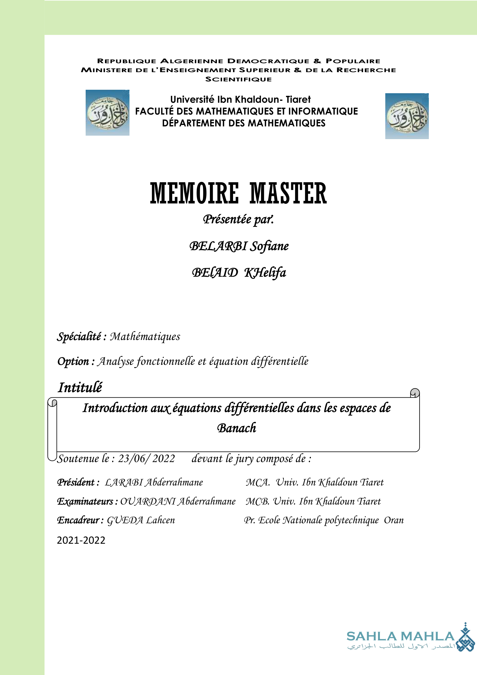 Introduction aux équations différentielles dans les espaces de Banach