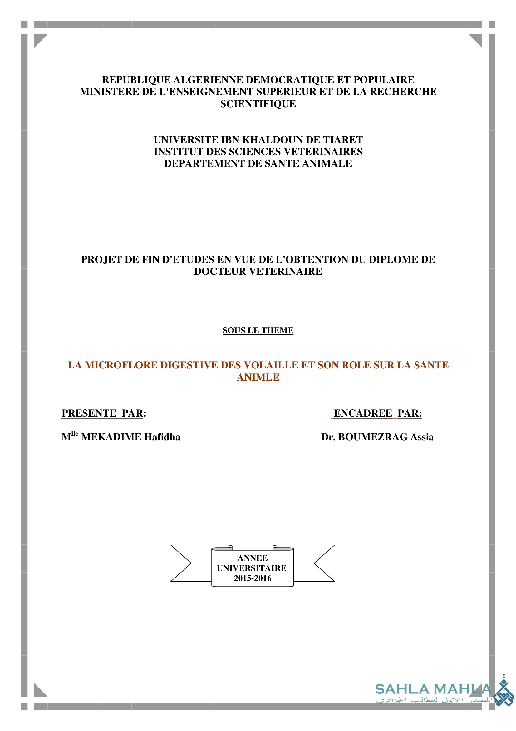 LA MICROFLORE DIGESTIVE DES VOLAILLE ET SON ROLE SUR LA SANTE ANIMLE