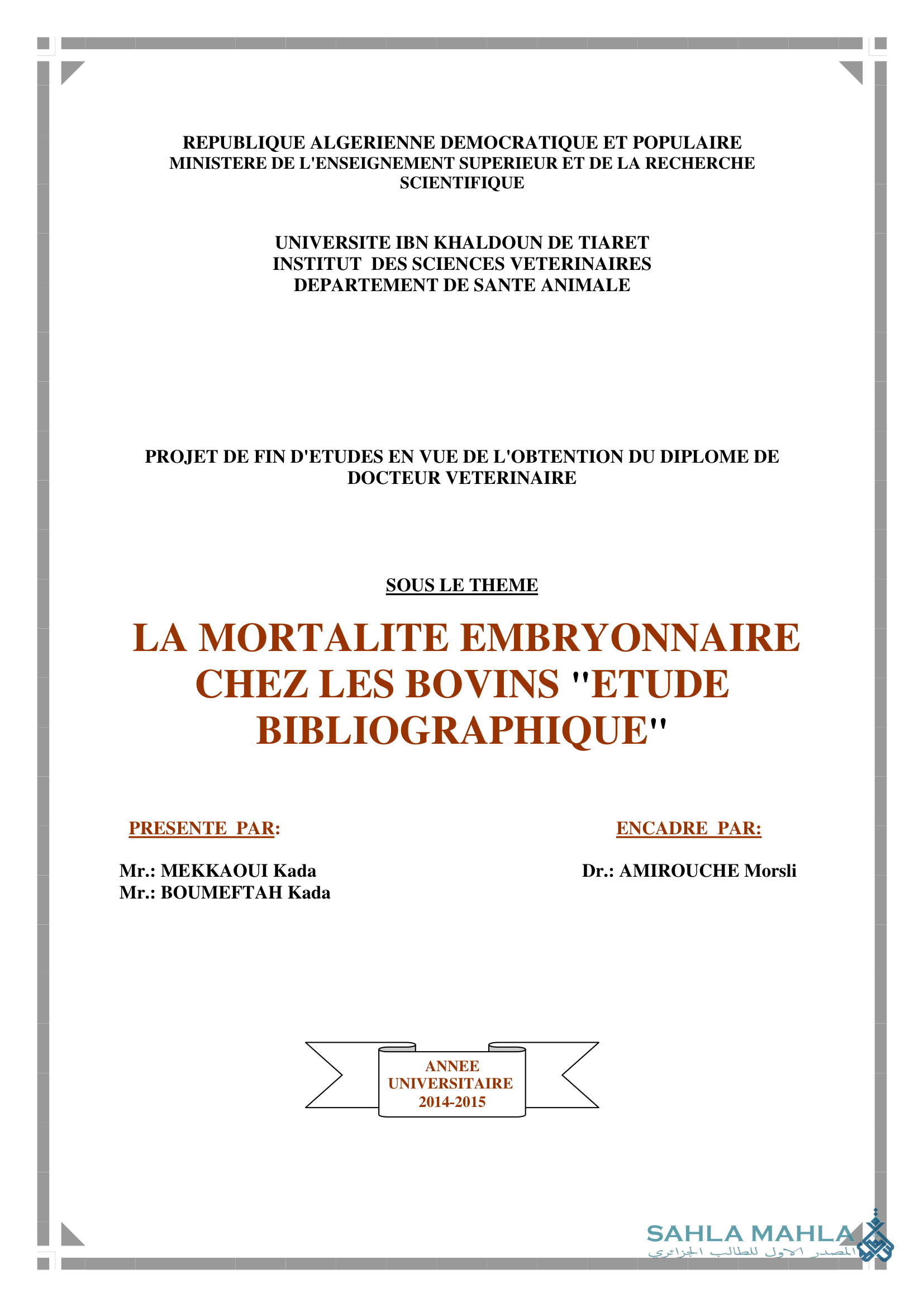 LA MORTALITE EMBRYONNAIRE CHEZ LES BOVINS 