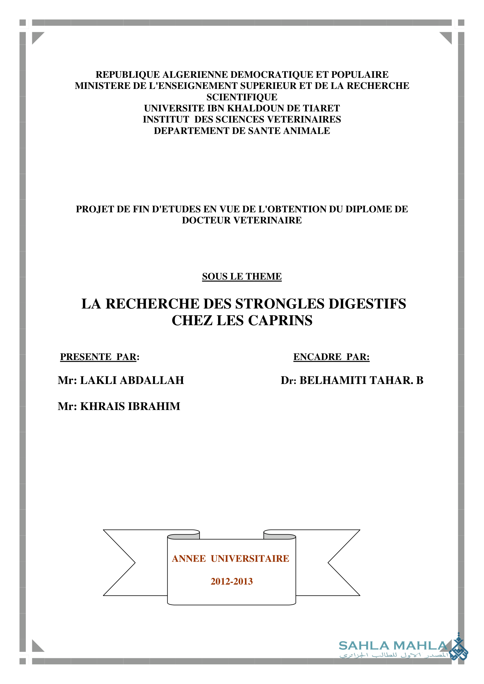 LA RECHERCHE DES STRONGLES DIGESTIFS CHEZ LES CAPRINS