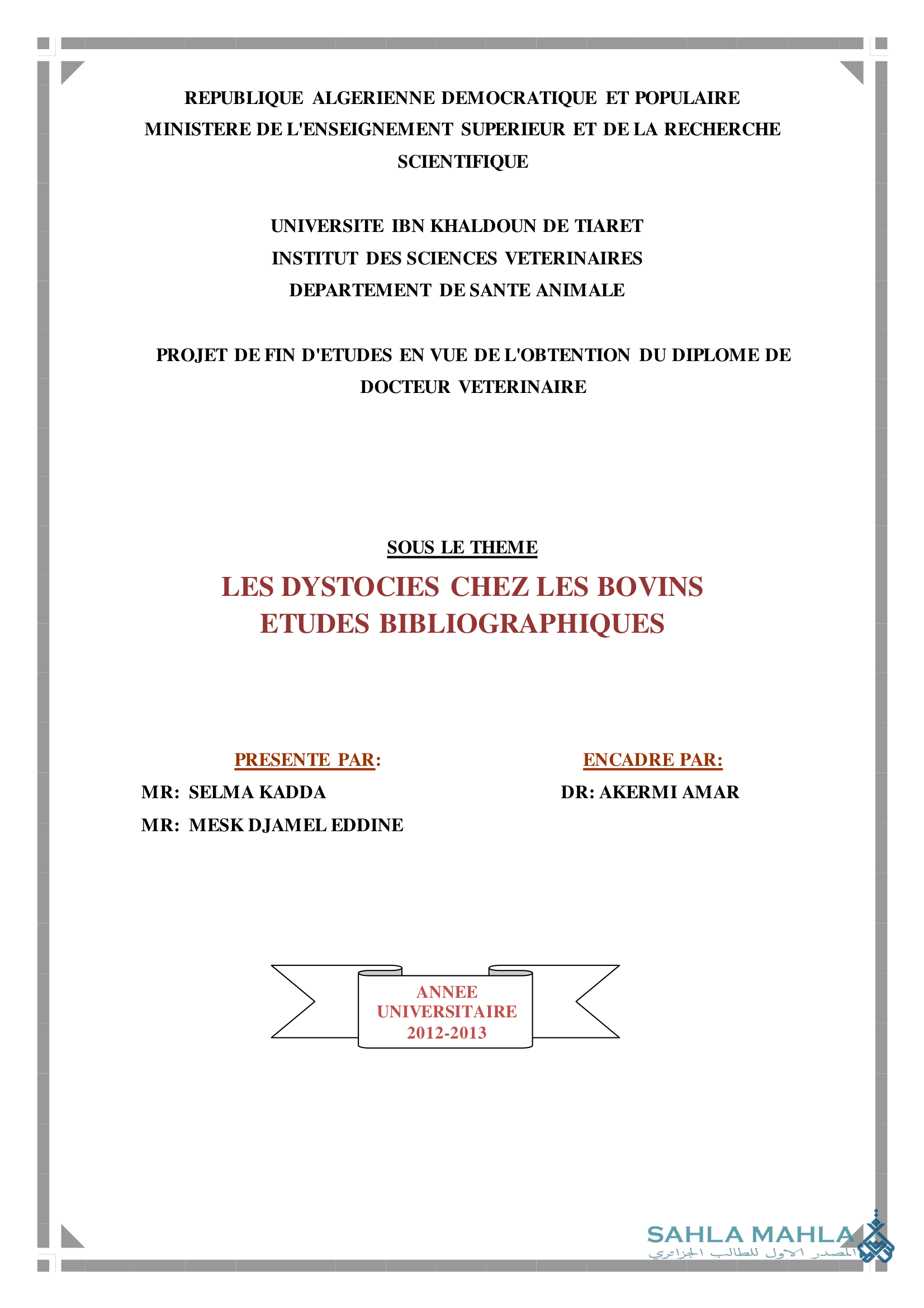 LES DYSTOCIES CHEZ LES BOVINS ETUDES BIBLIOGRAPHIQUES