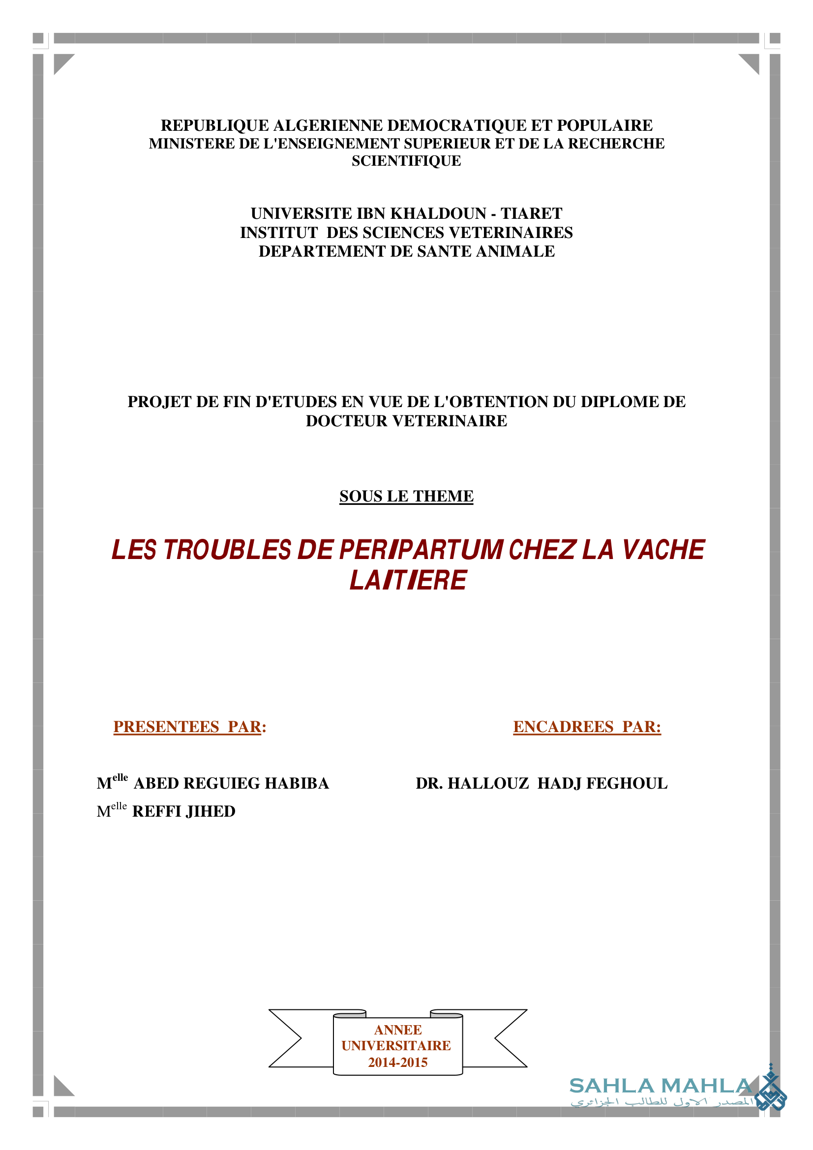 LES TROUBLES DE PERIPARTUM CHEZ LA VACHE LAITIERE