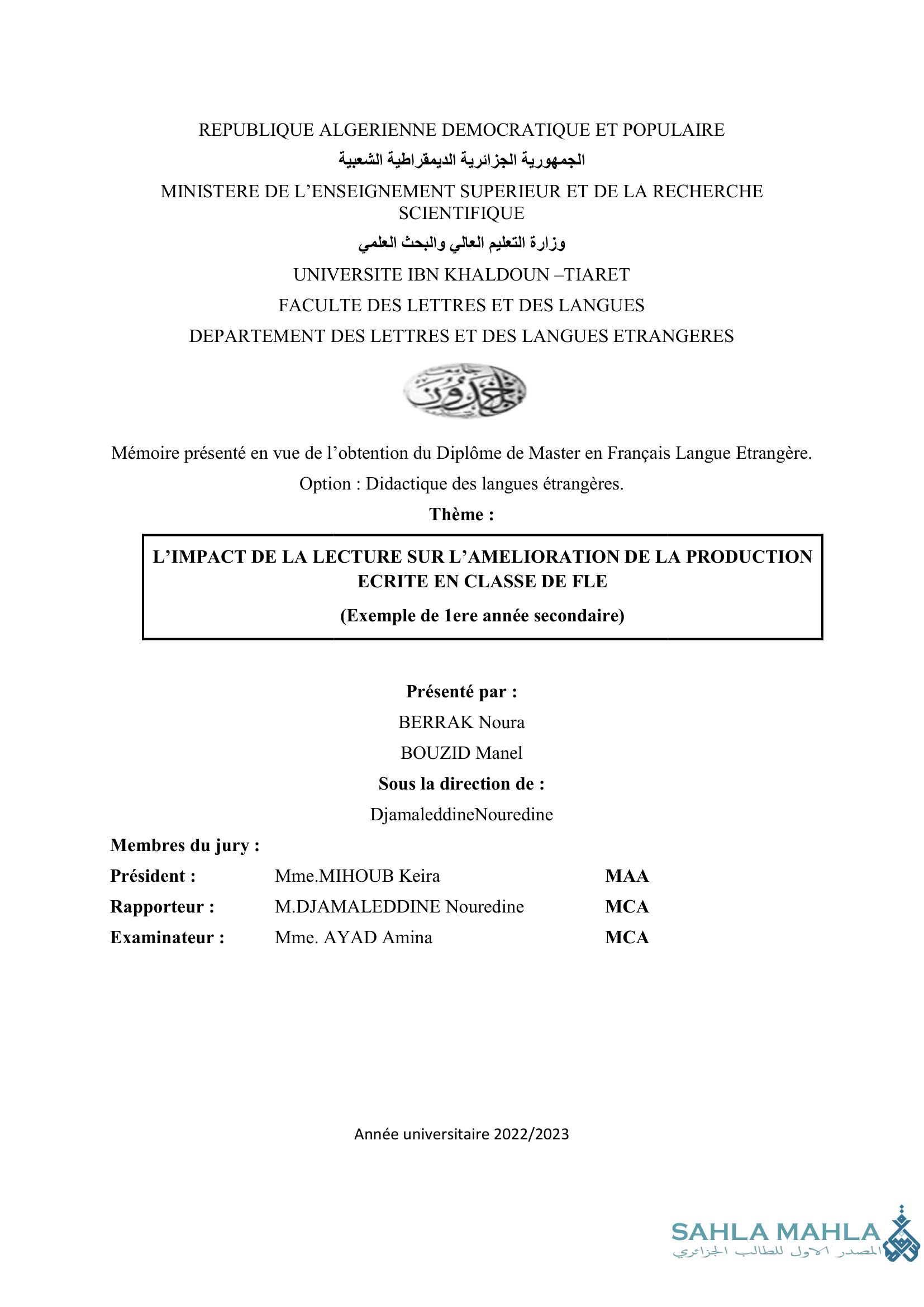 L'IMPACT DE LA LECTURE SUR L'AMELIORATION DE LA PRODUCTION ECRITE EN CLASSE DE FLE (Exemple de 1ere année secondaire)