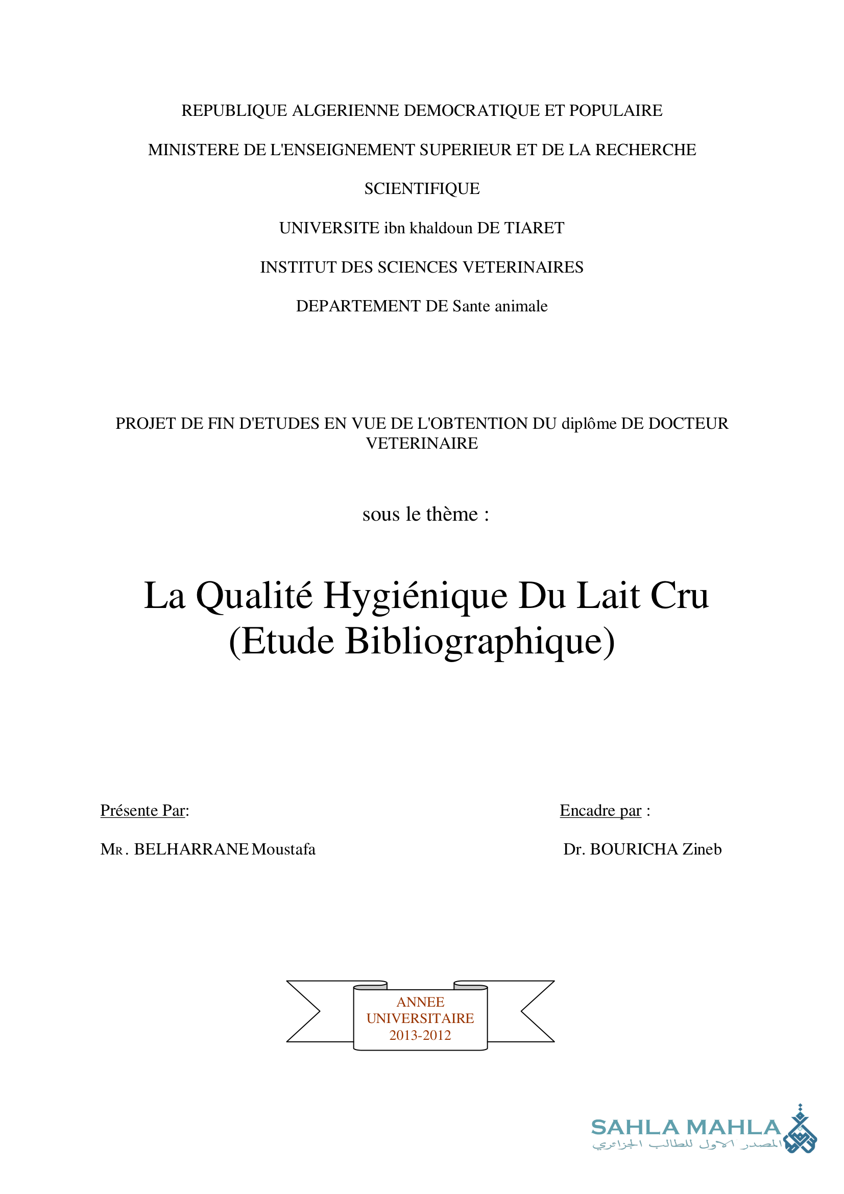 La Qualité Hygiénique Du Lait Cru (Etude Bibliographique)