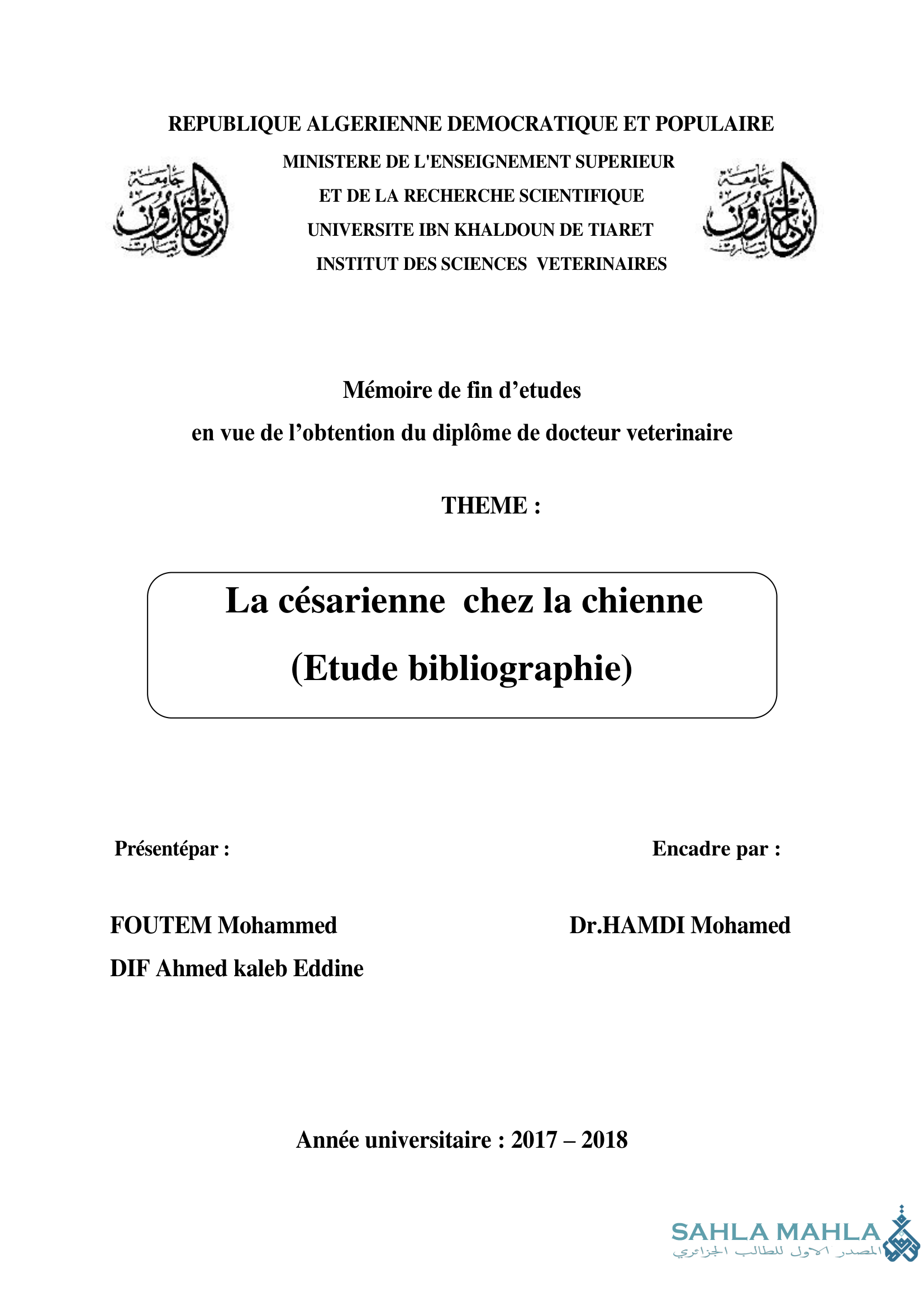 La césarienne chez la chienne (Etude bibliographie)