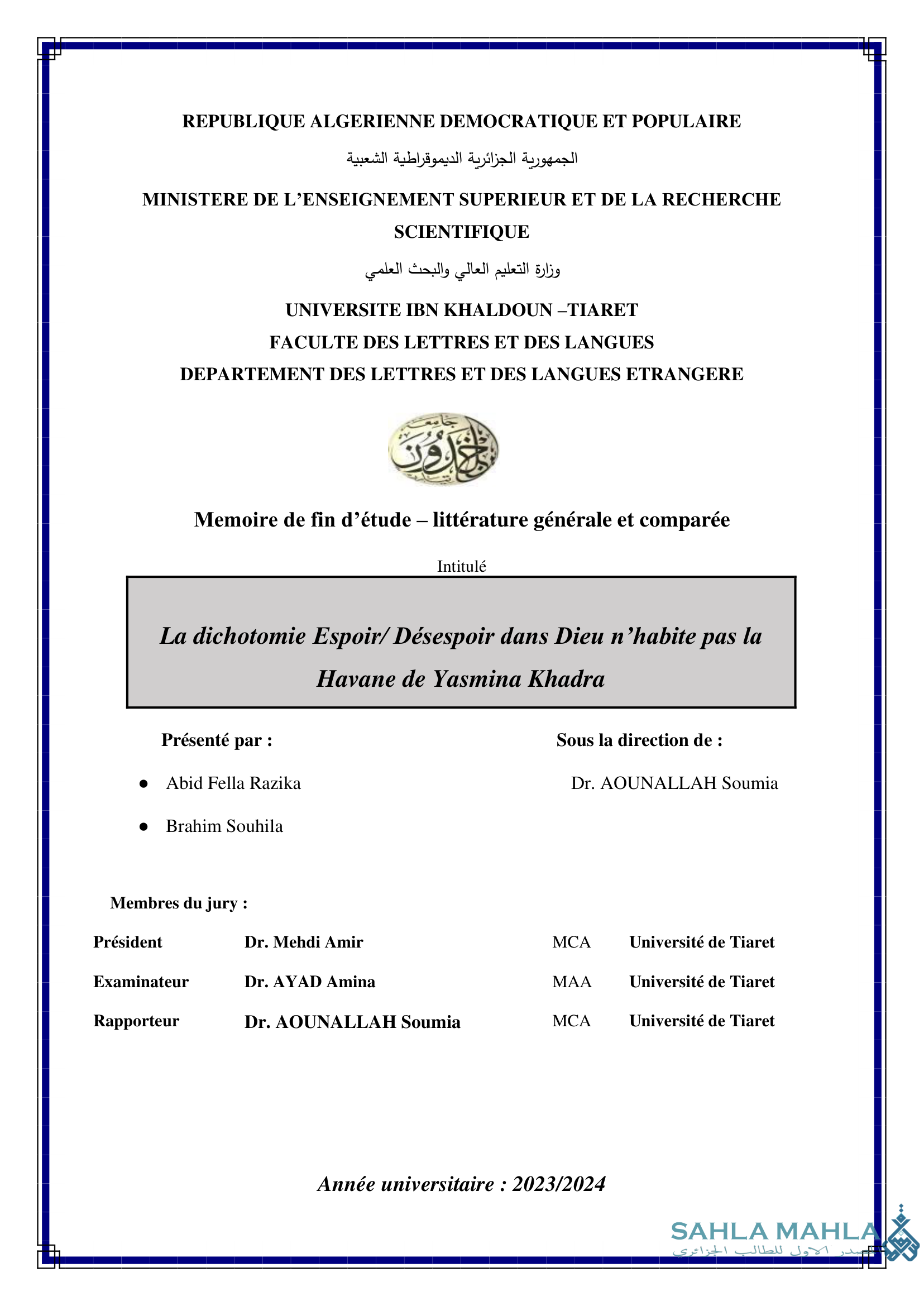 La dichotomie Espoir/ Désespoir dans Dieu n'habite pas la Havane de Yasmina Khadra