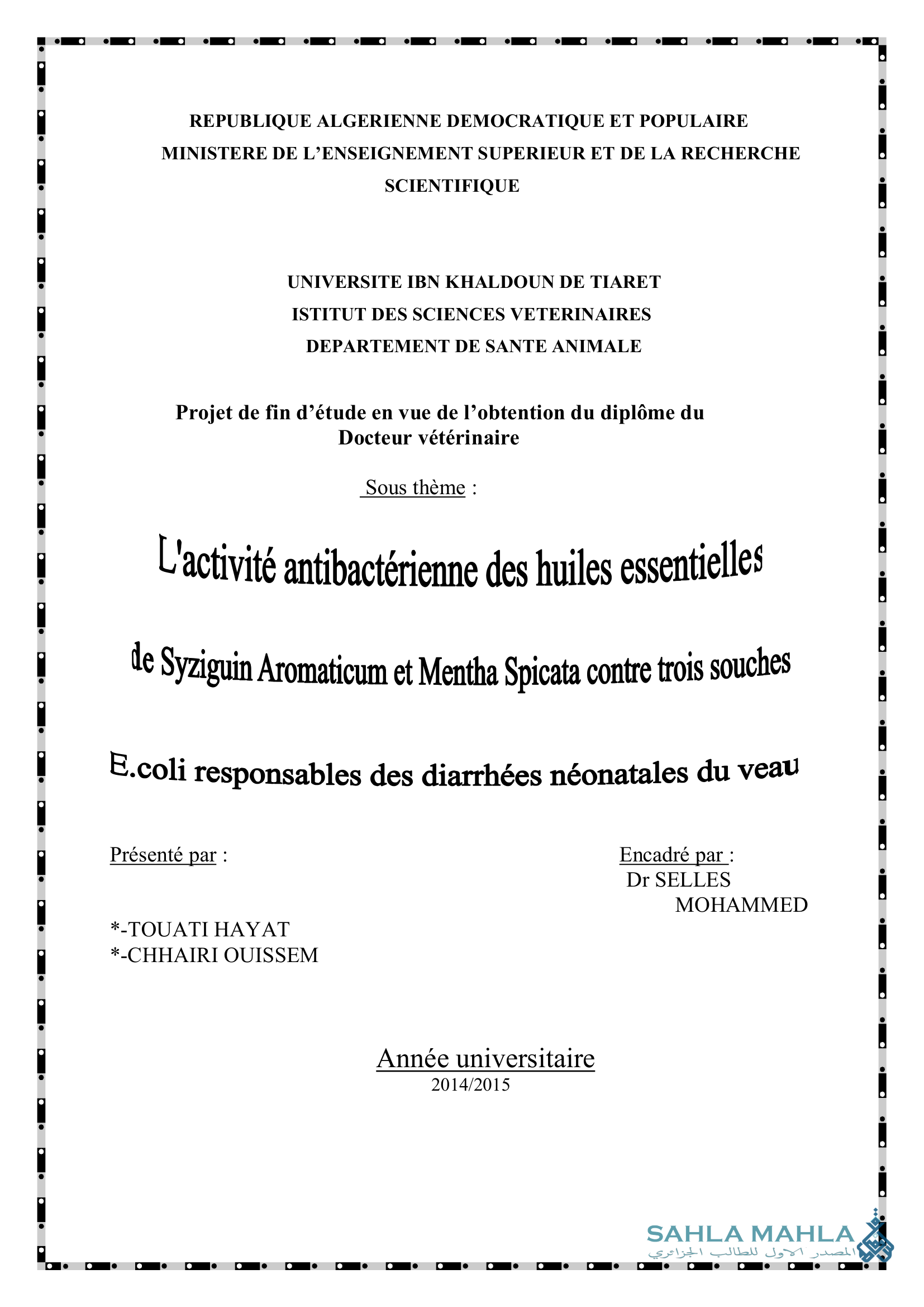 L'activité antibactérienne des huiles essentielles de Syziguin Aromaticum et Mentha Spicata contre trois souches E.coli responsables des diarrhées néonatales du veau