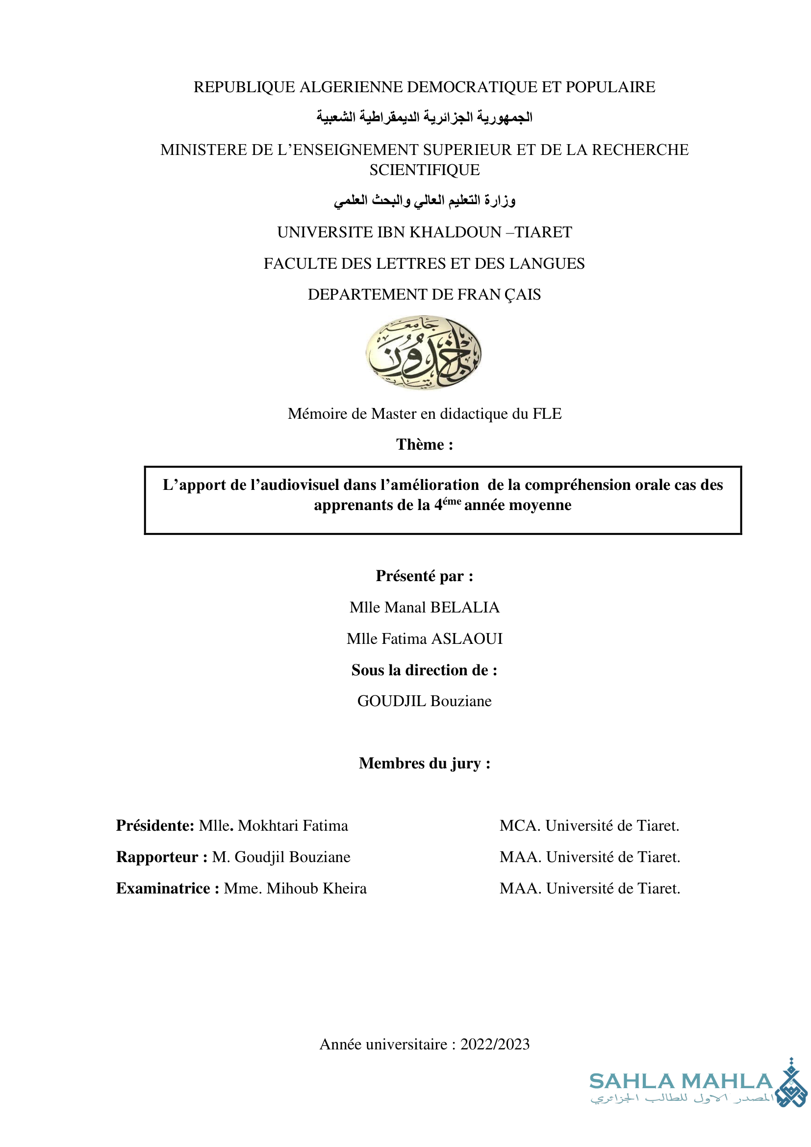 L'apport de l'audiovisuel dans l'amélioration de la compréhension orale cas des apprenants de la 4ème année moyenne