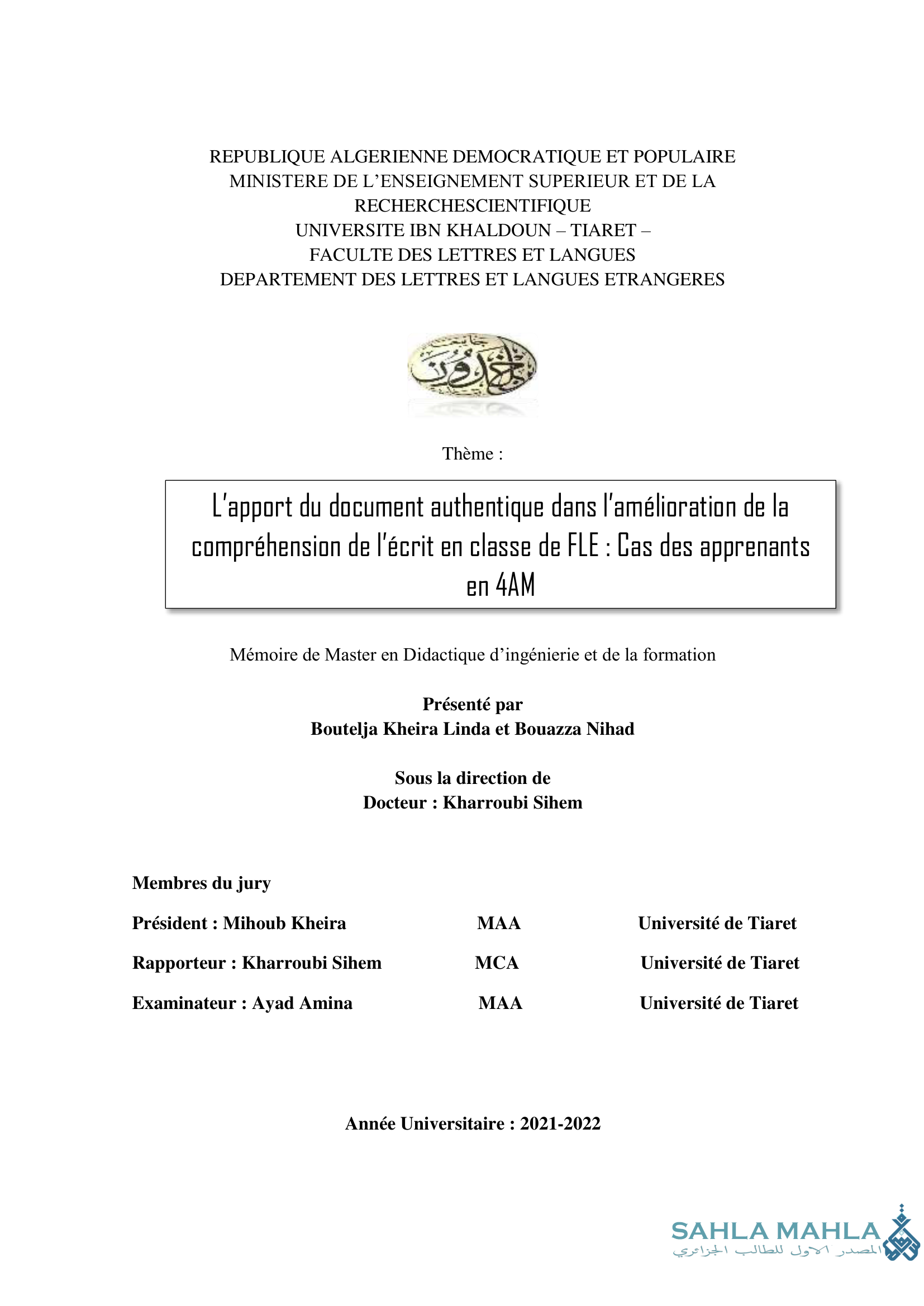 L'apport du document authentique dans l'amélioration de la compréhension de l'écrit en classe de FLE : Cas des apprenants en 4AM