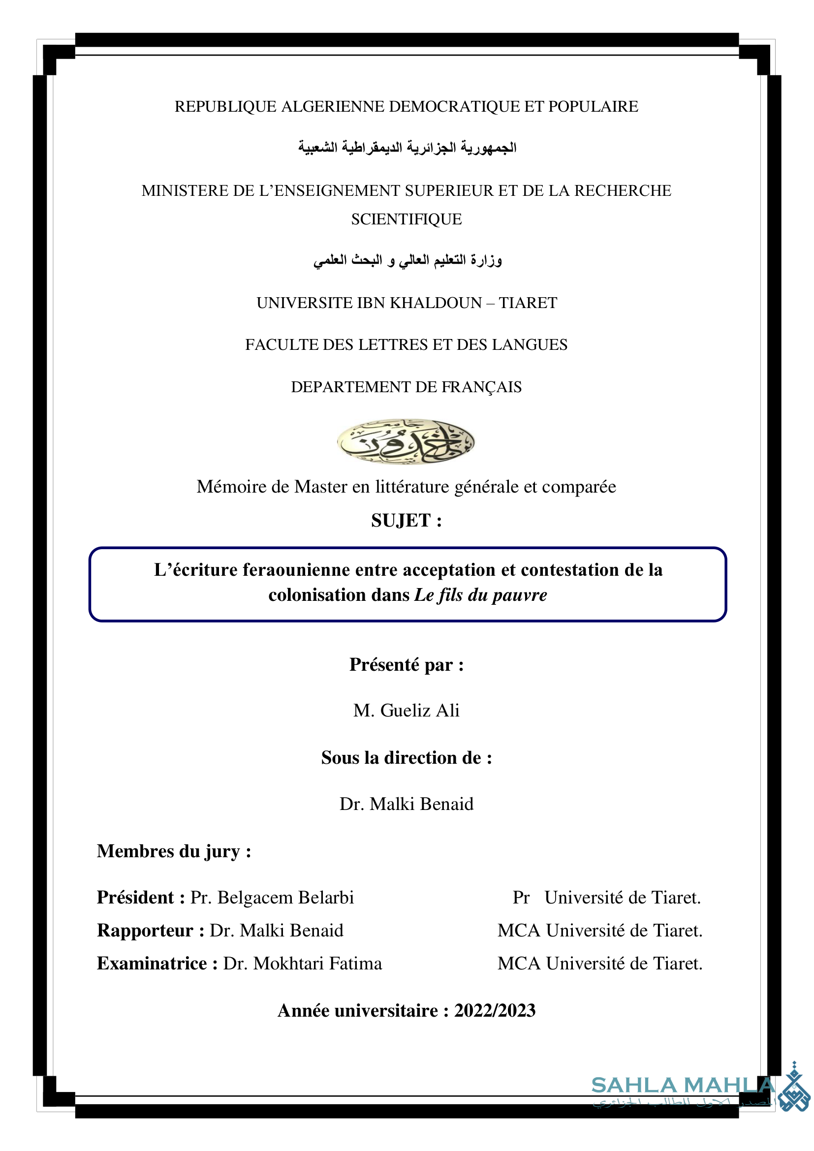 L'écriture feraounienne entre acceptation et contestation de la colonisation dans Le fils du pauvre