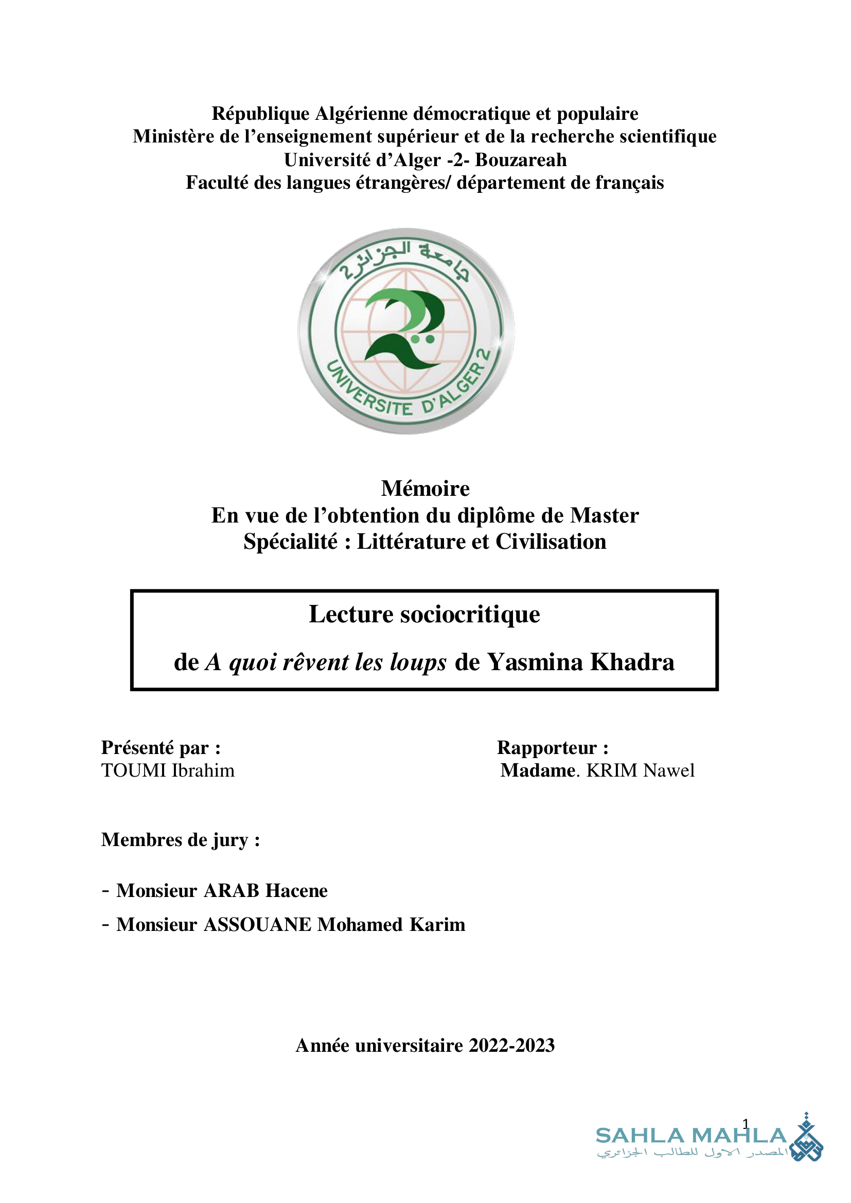 Lecture sociocritique de A quoi rêvent les loups de Yasmina Khadra