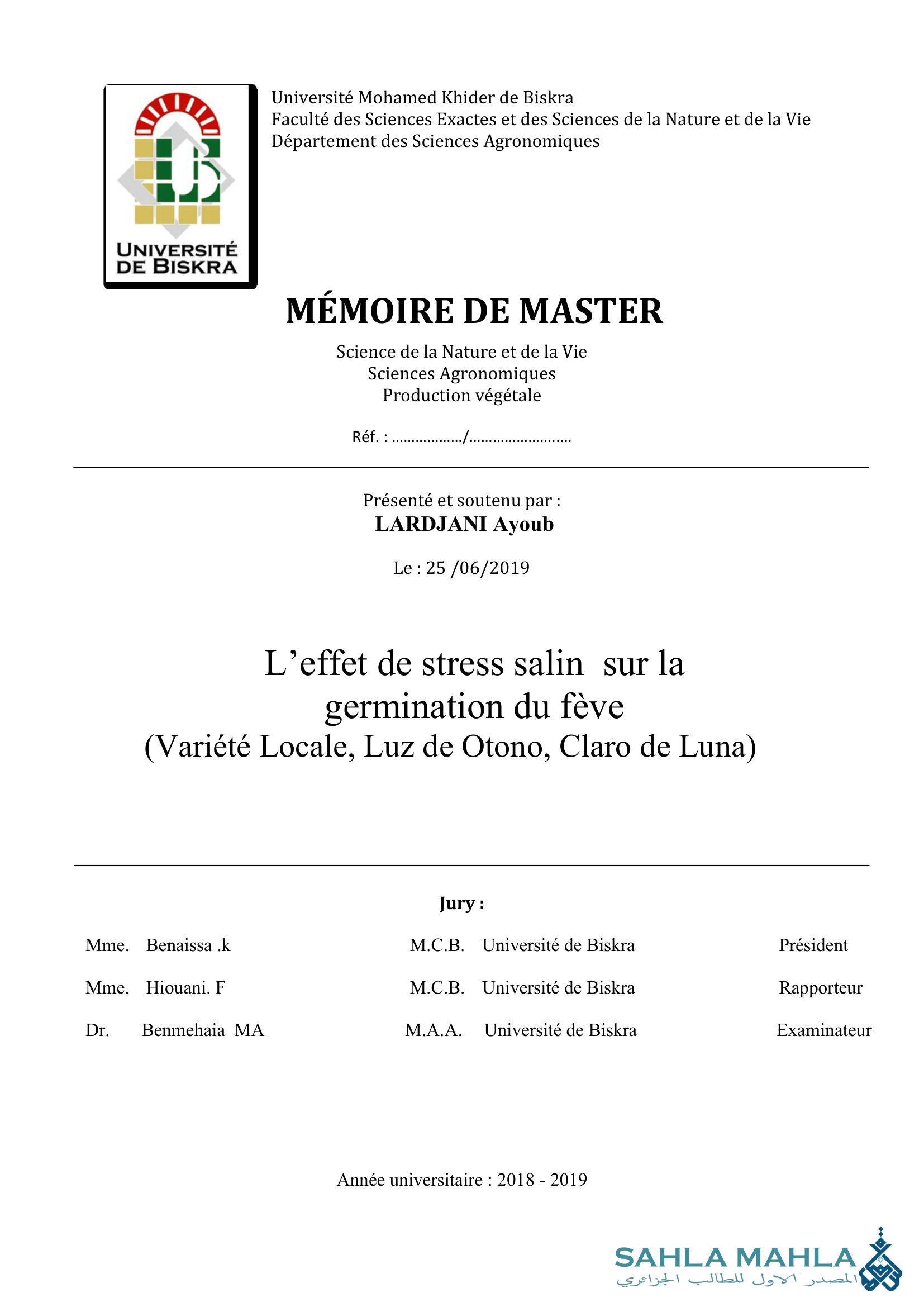 L'effet de stress salin sur la germination du fève (Variété Locale, Luz de Otono, Claro de Luna)