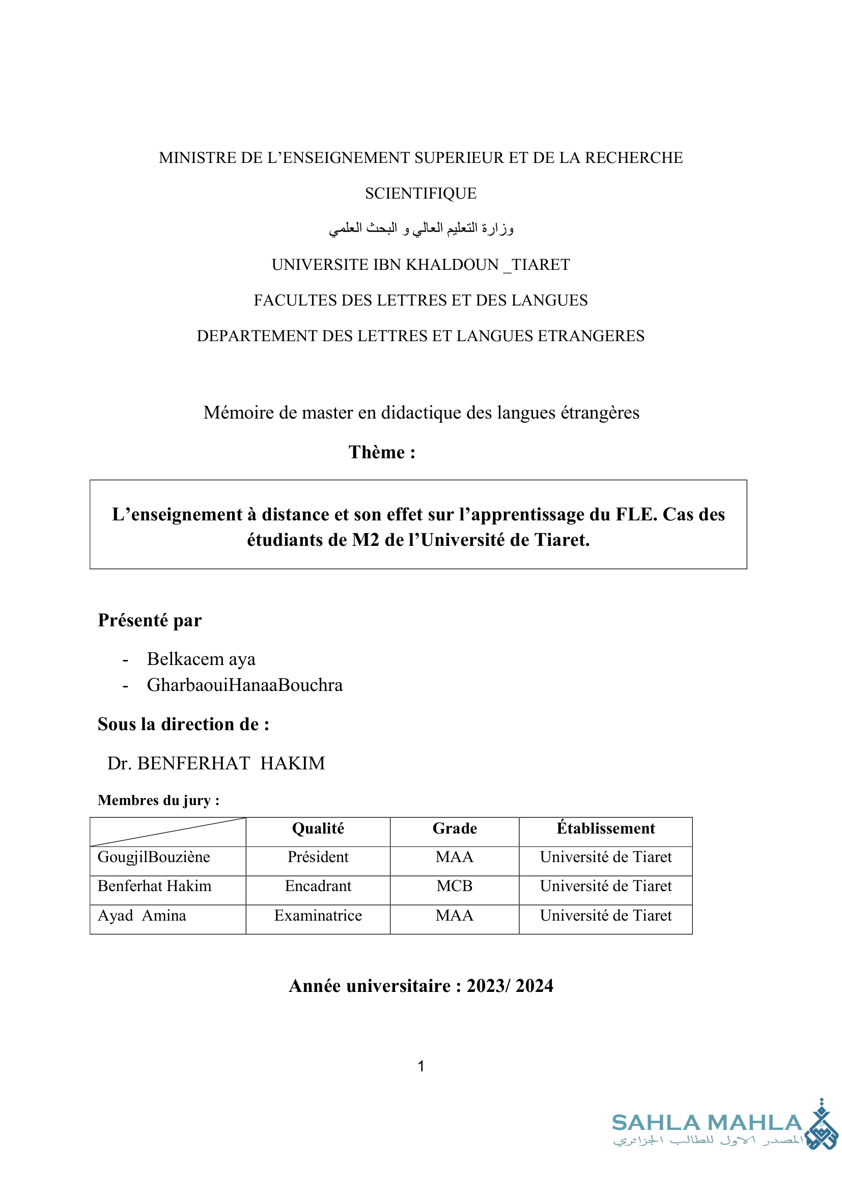 L'enseignement à distance et son effet sur l'apprentissage du FLE. Cas des étudiants de M2 de l'Université de Tiaret.
