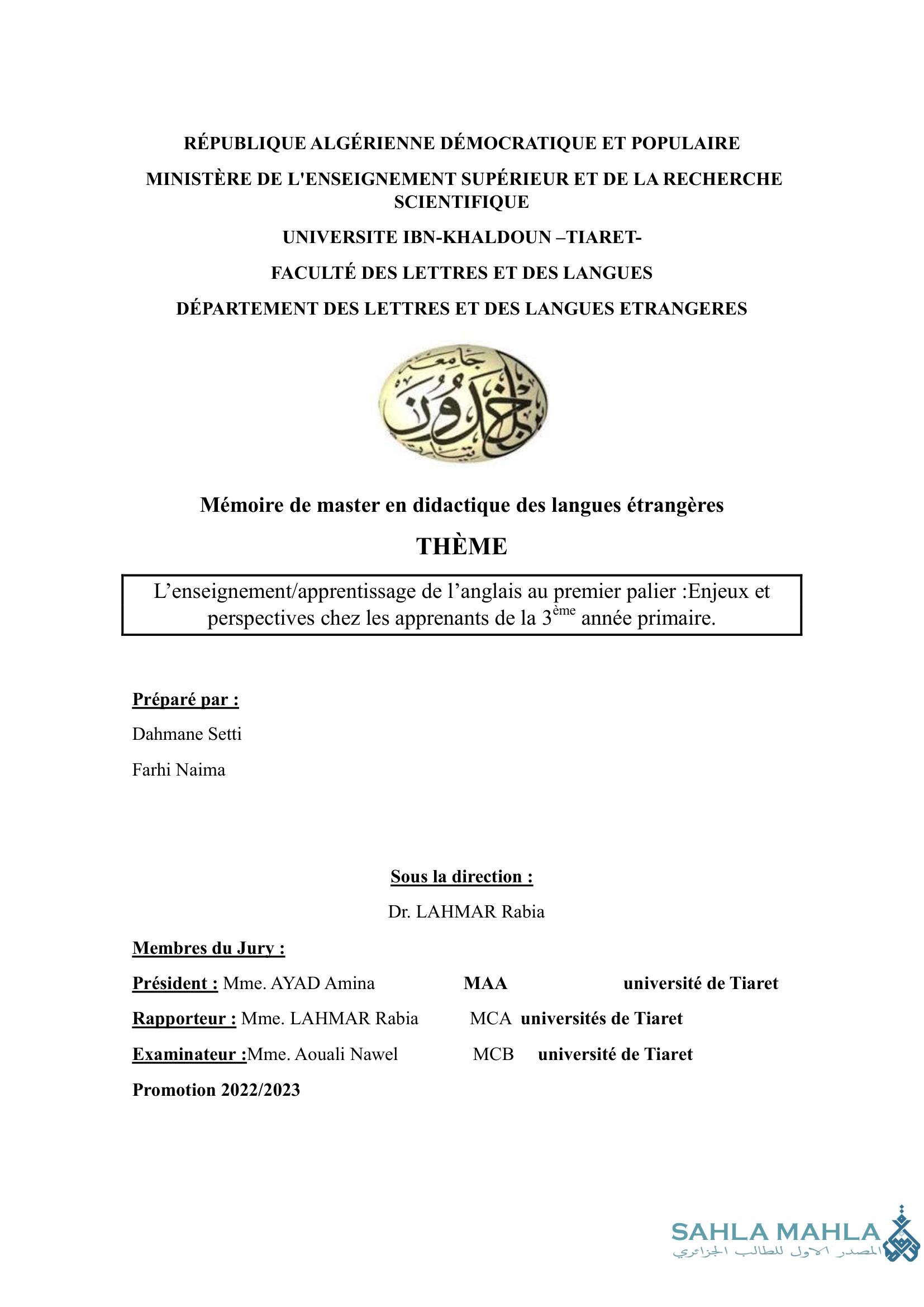 L'enseignement/apprentissage de l'anglais au premier palier :Enjeux et perspectives chez les apprenants de la 3è eme année primaire.