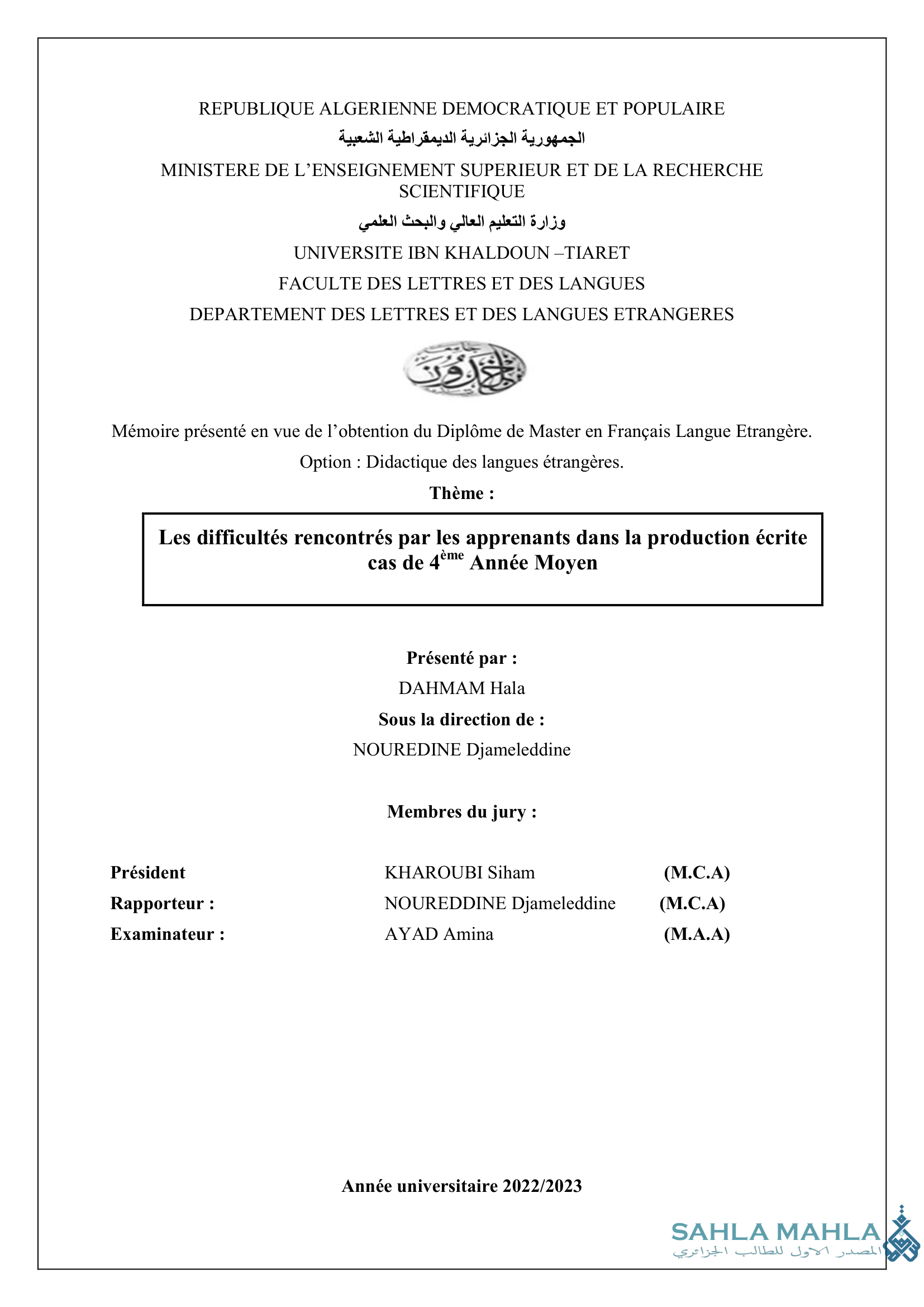 Les difficultés rencontrés par les apprenants dans la production écrite cas de 4 Année Moyen