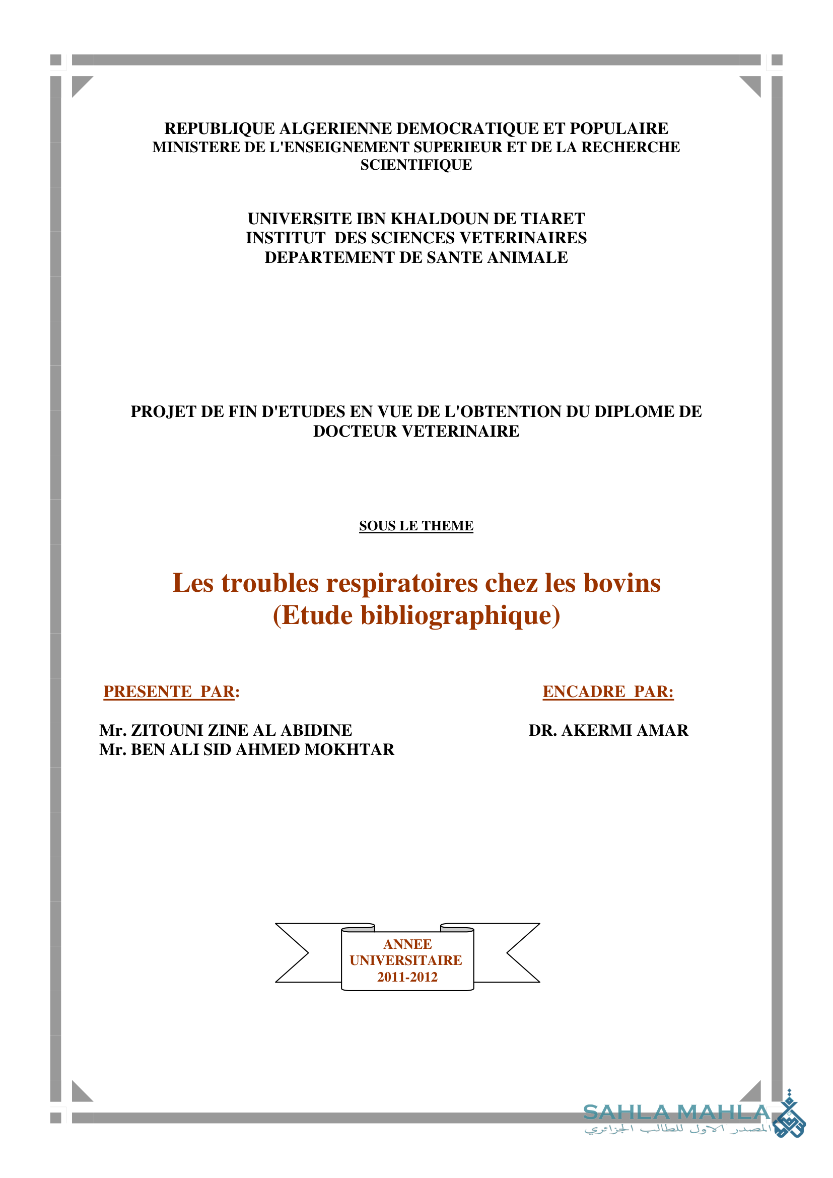 Les troubles respiratoires chez les bovins (Etude bibliographique)