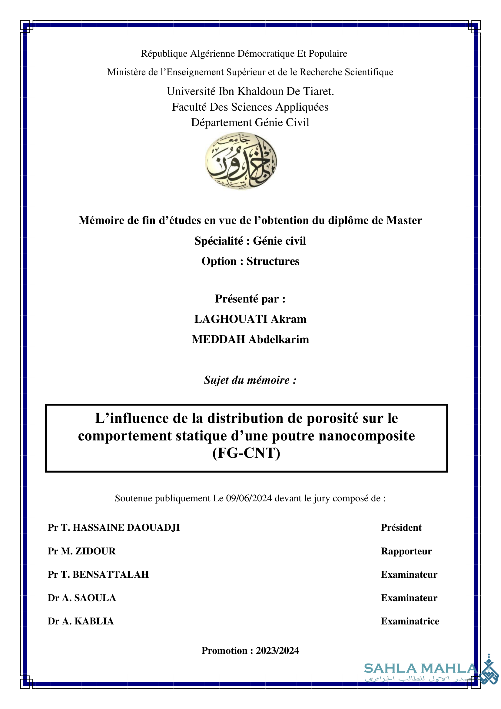 L'influence de la distribution de porosité sur le comportement statique d'une poutre nanocomposite (FG-CNT)