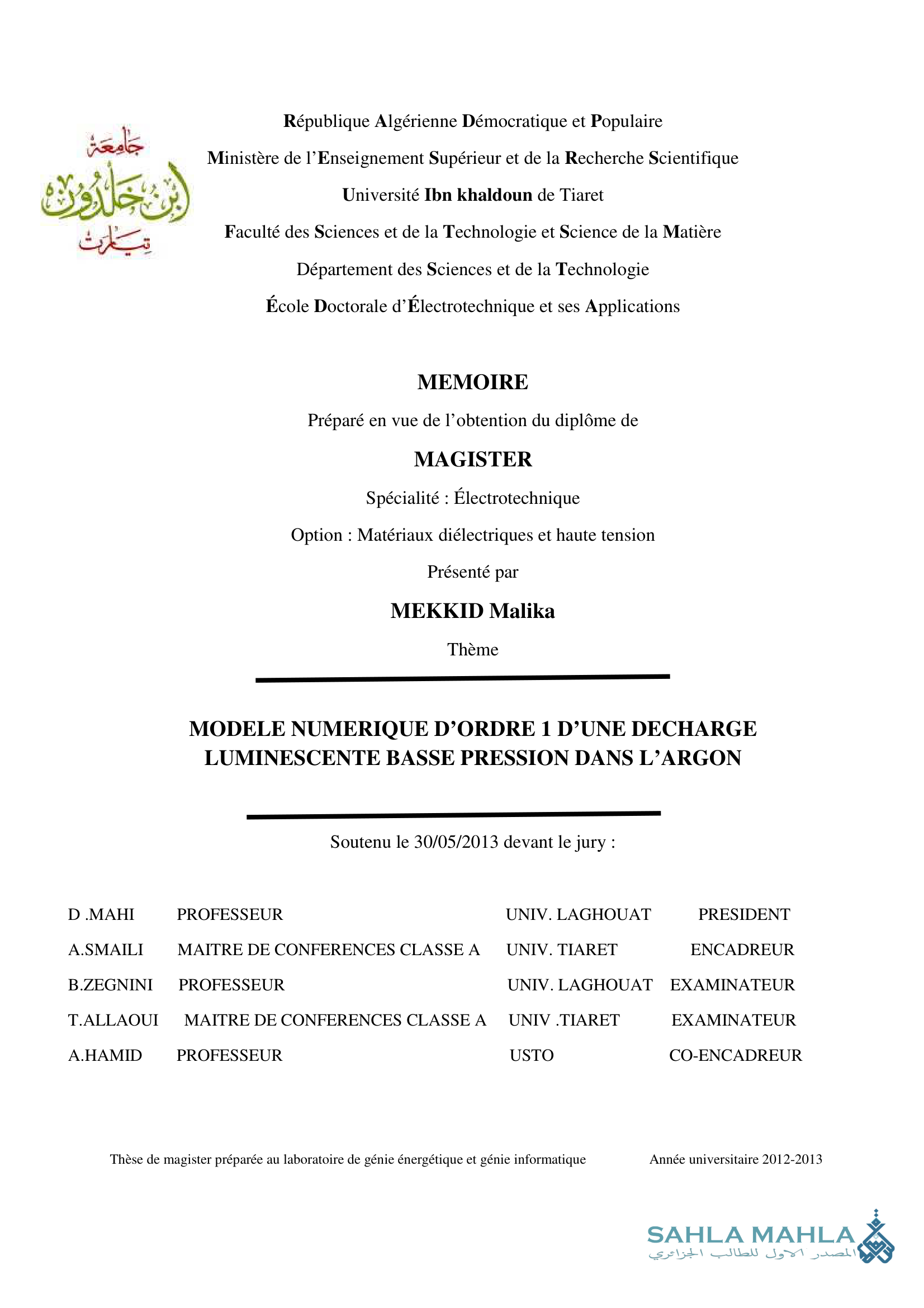 MODELE NUMERIQUE D'ORDRE 1 D'UNE DECHARGE LUMINESCENTE BASSE PRESSION DANS L'ARGON