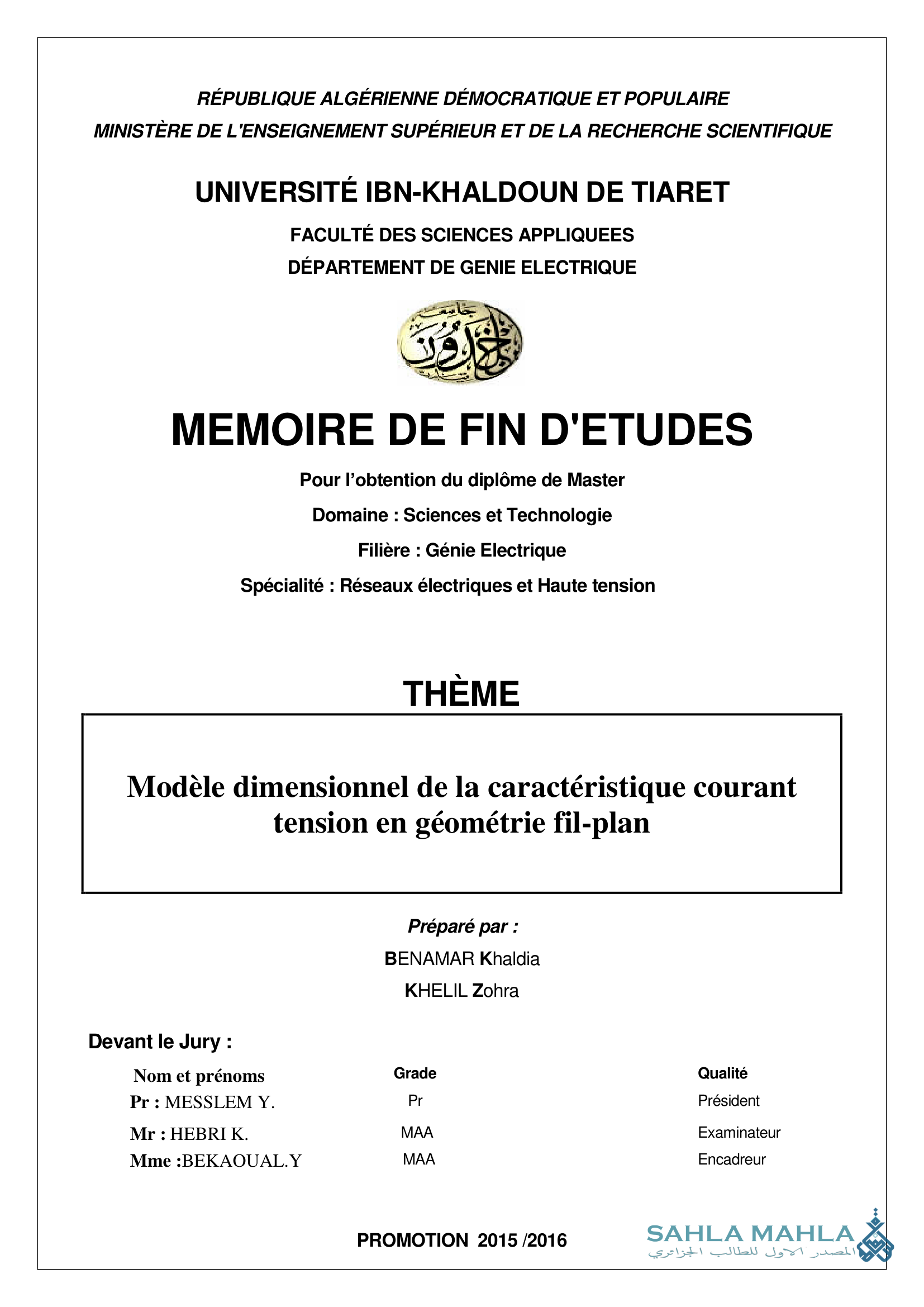 Modèle dimensionnel de la caractéristique courant tension en géométrie fil-plan