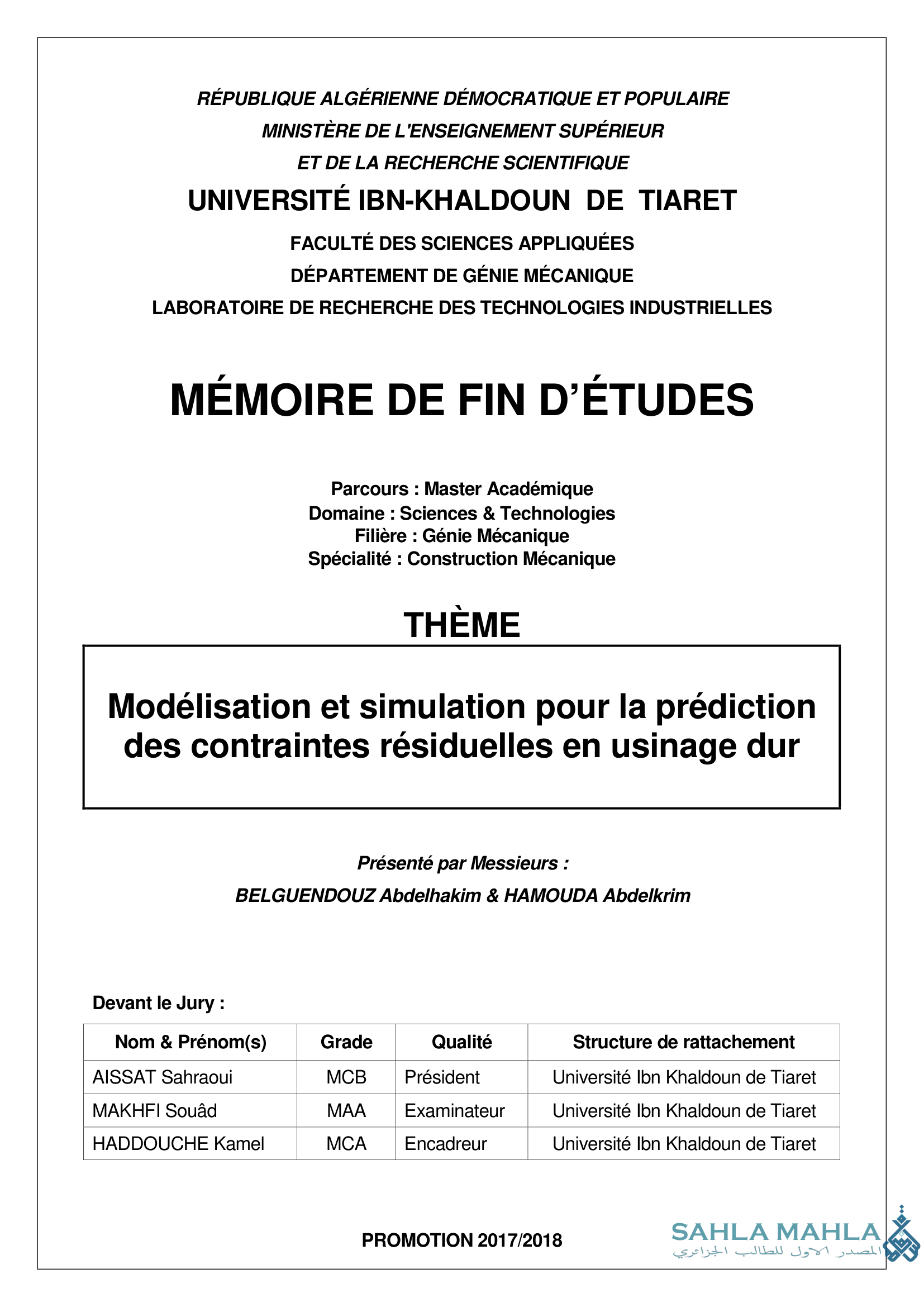 Modélisation et simulation pour la prédiction des contraintes résiduelles en usinage dur