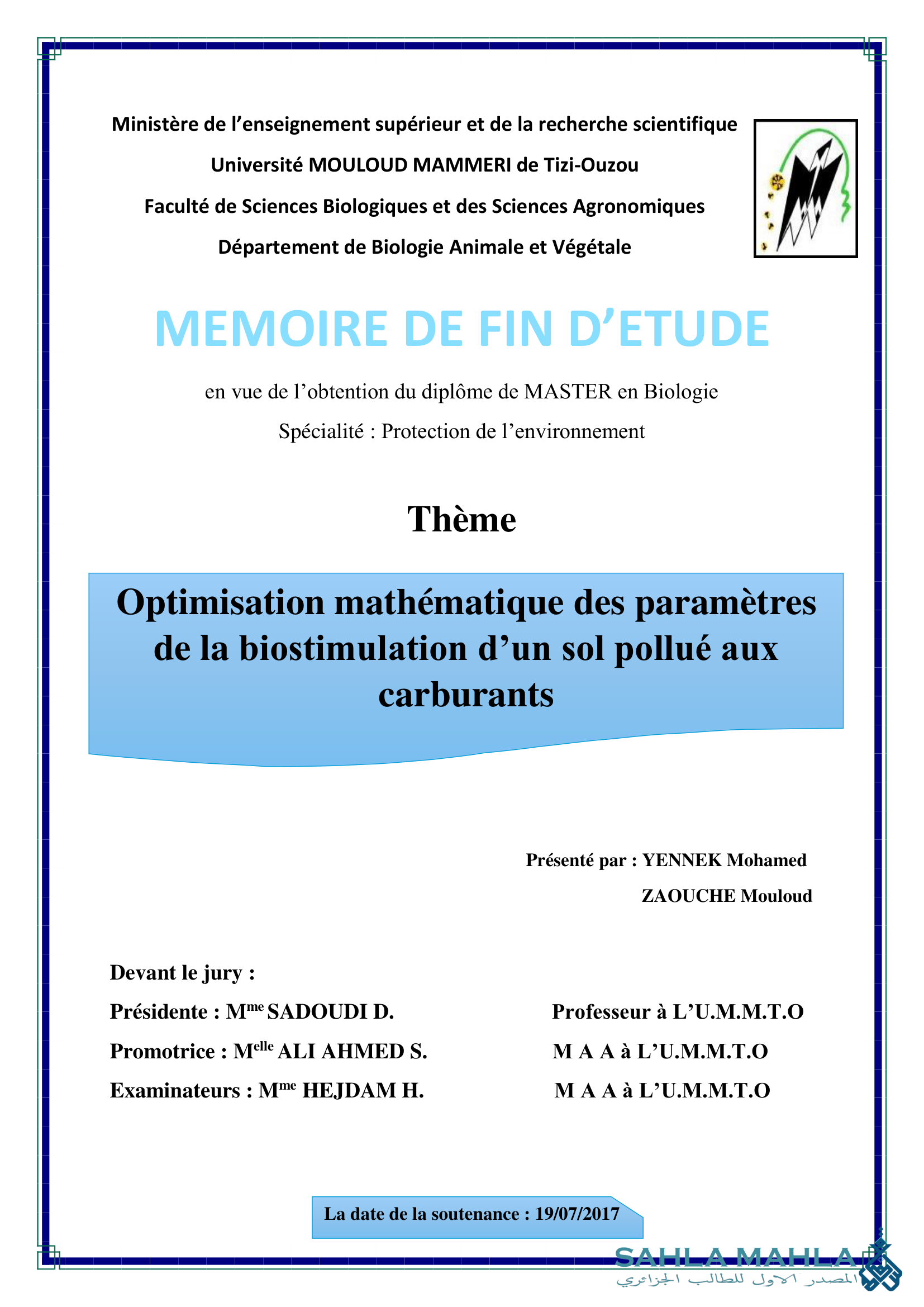 Optimisation mathématique des paramètres de la biostimulation d'un sol pollué aux carburants
