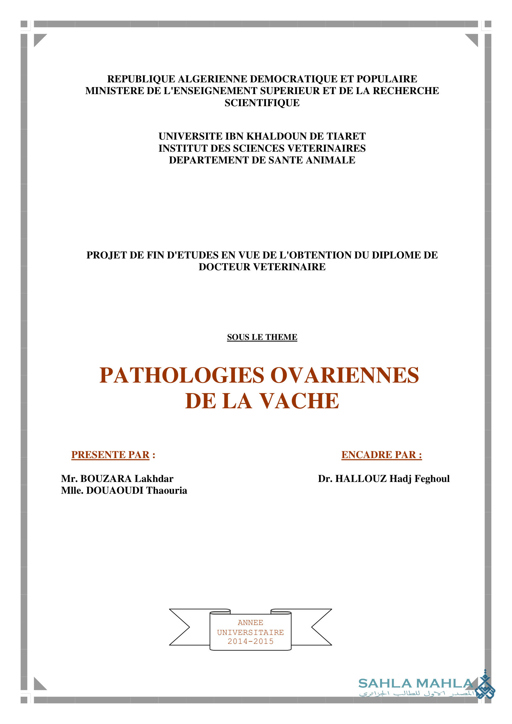 PATHOLOGIES OVARIENNES DE LA VACHE
