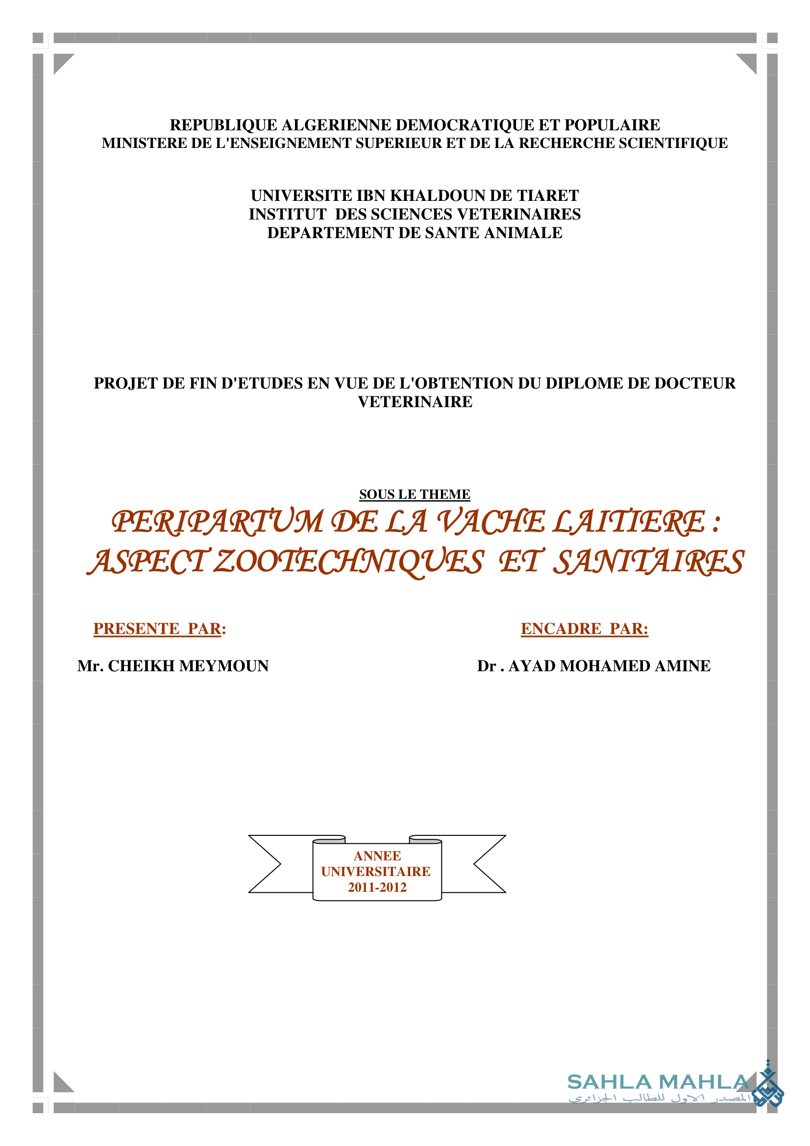 PERIPARTUM DE LA VACHE LAITIERE : ASPECT ZOOTECHNIQUES ET SANITAIRES