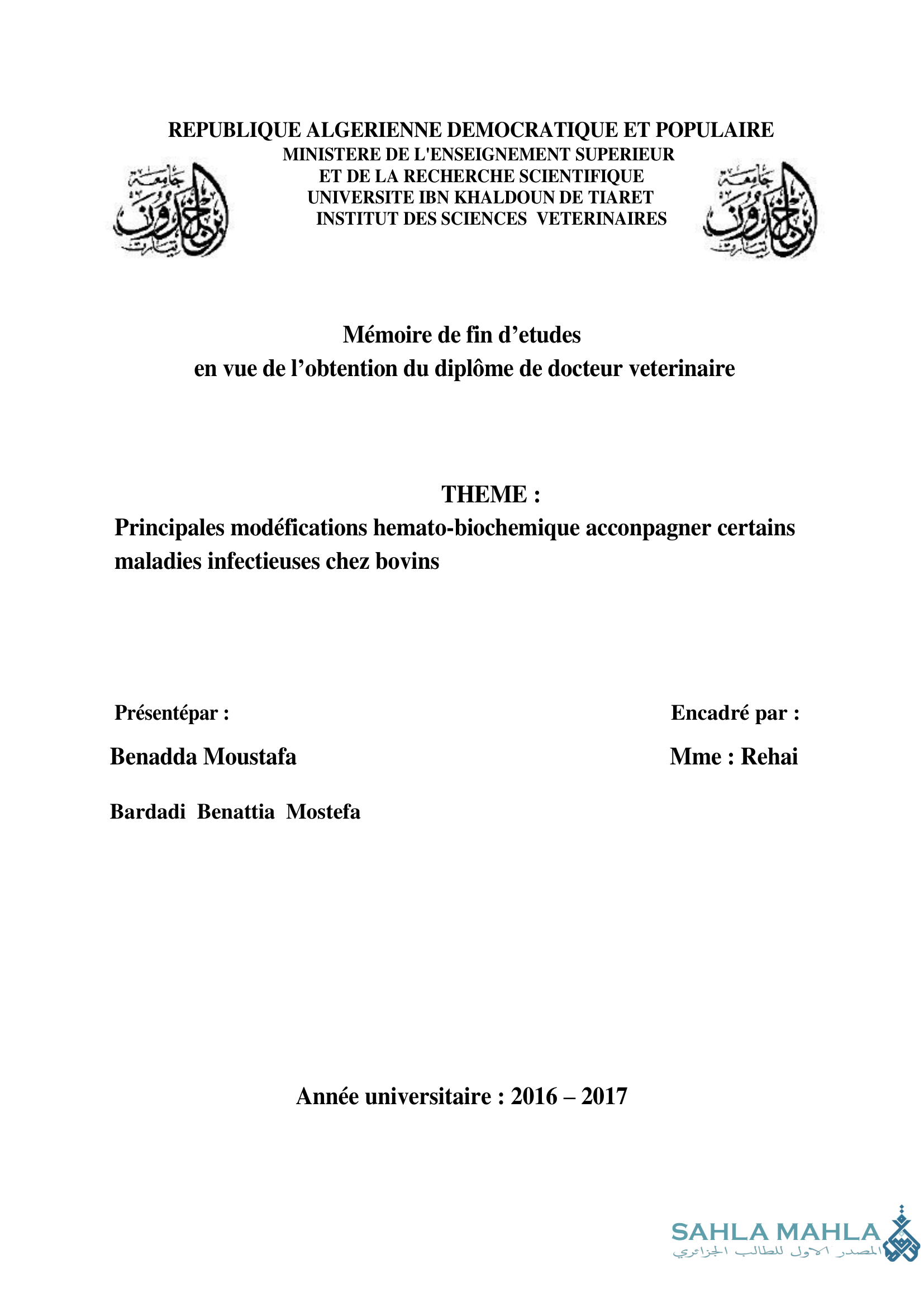 Principales modéfications hemato-biochemique accompagner certains maladies infectieuses chez bovins