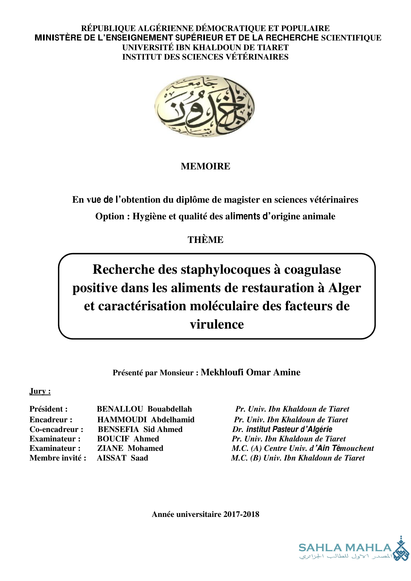 Recherche des staphylocoques à coagulase positive dans les aliments de restauration à Alger et caractérisation moléculaire des facteurs de virulence