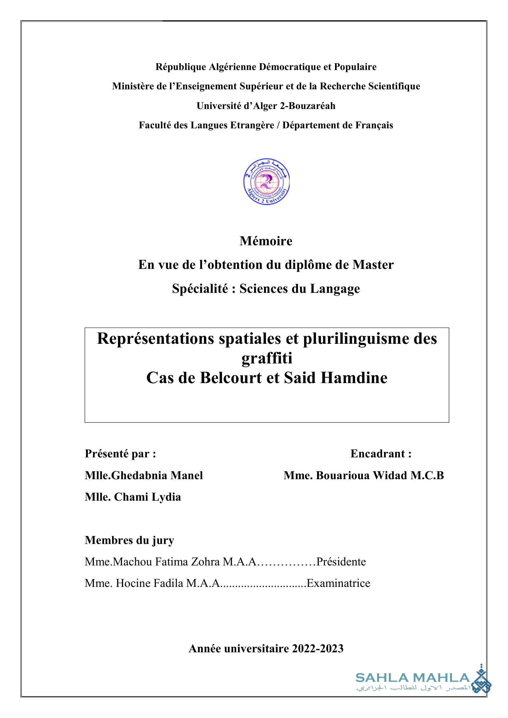 Représentations spatiales et plurilinguisme des graffiti - Cas de Belcourt et Said Hamdine