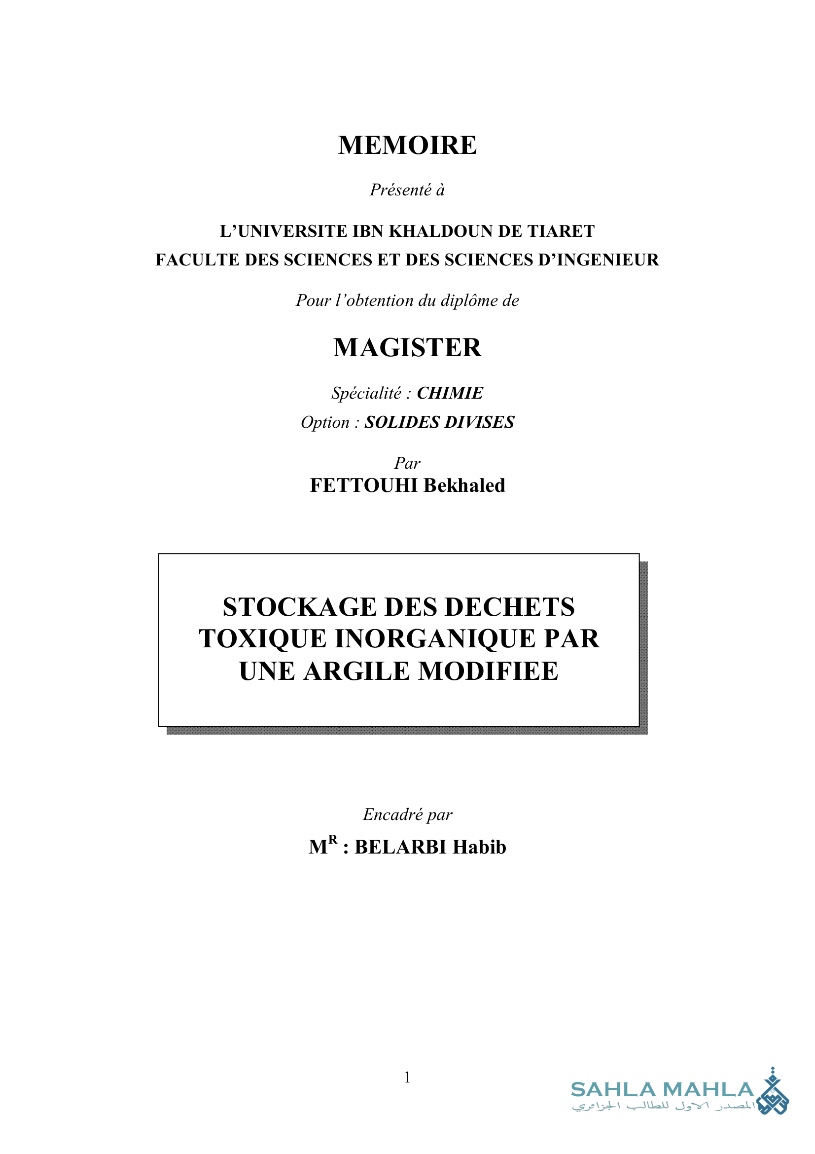 STOCKAGE DES DECHETS TOXIQUE INORGANIQUE PAR UNE ARGILE MODIFIEE