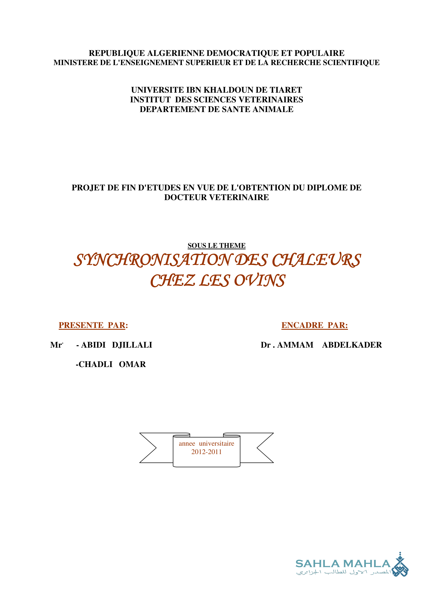 SYNCHRONISATION DES CHALEURS  CHEZ LES OVINS