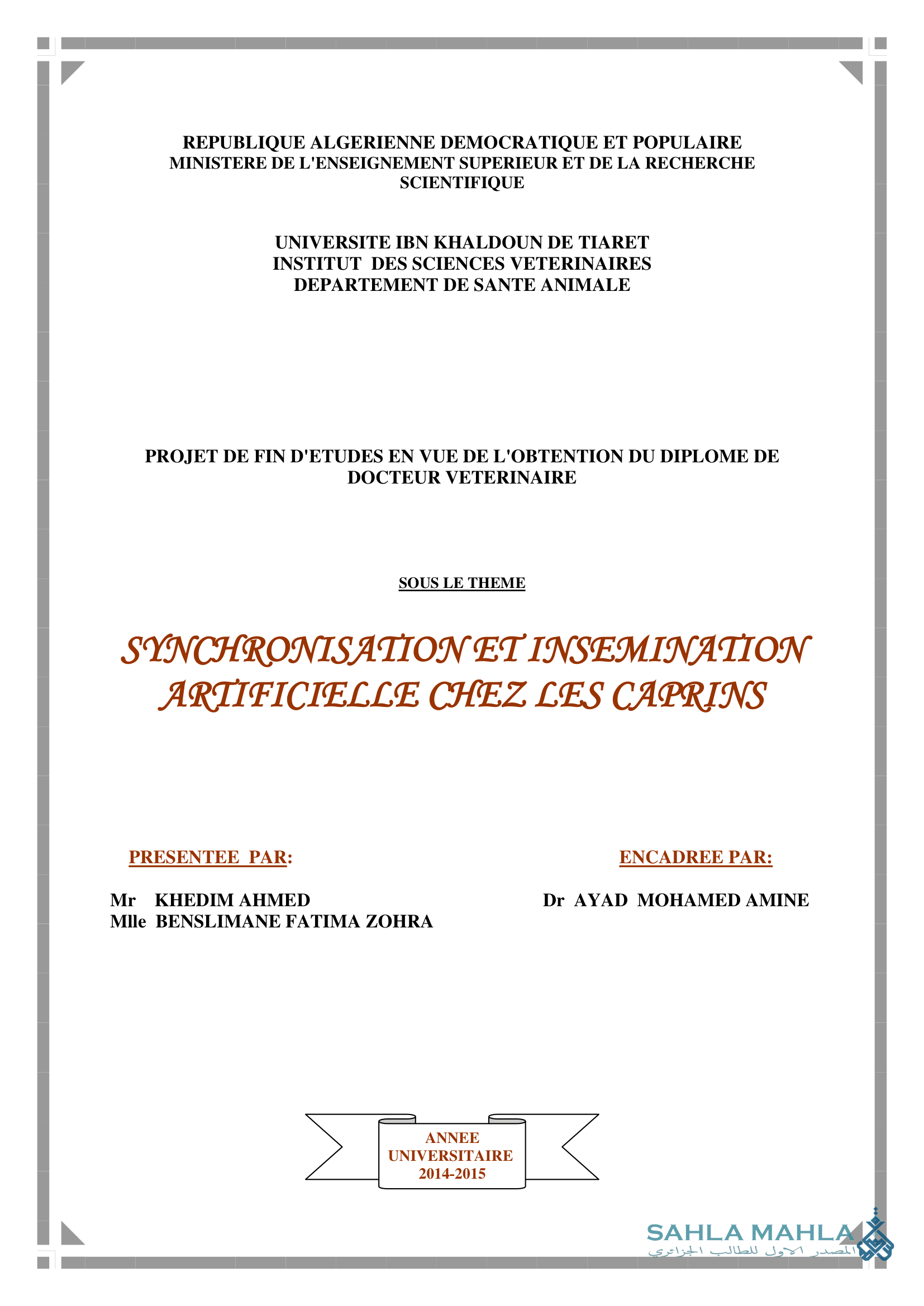 SYNCHRONISATION ET INSEMINATION ARTIFICIELLE CHEZ LES CAPRINS