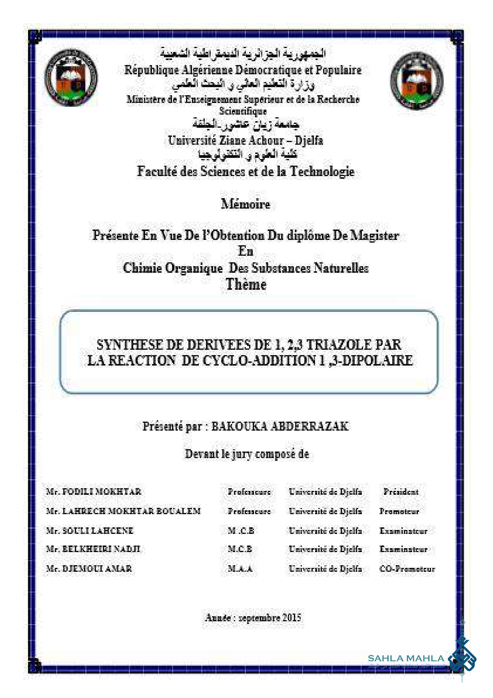 SYNTHESE DE DERIVEES DE 1, 2,3 TRIAZOLE PAR LA REACTION DE CYCLO-ADDITION 1,3-DIPOLAIRE