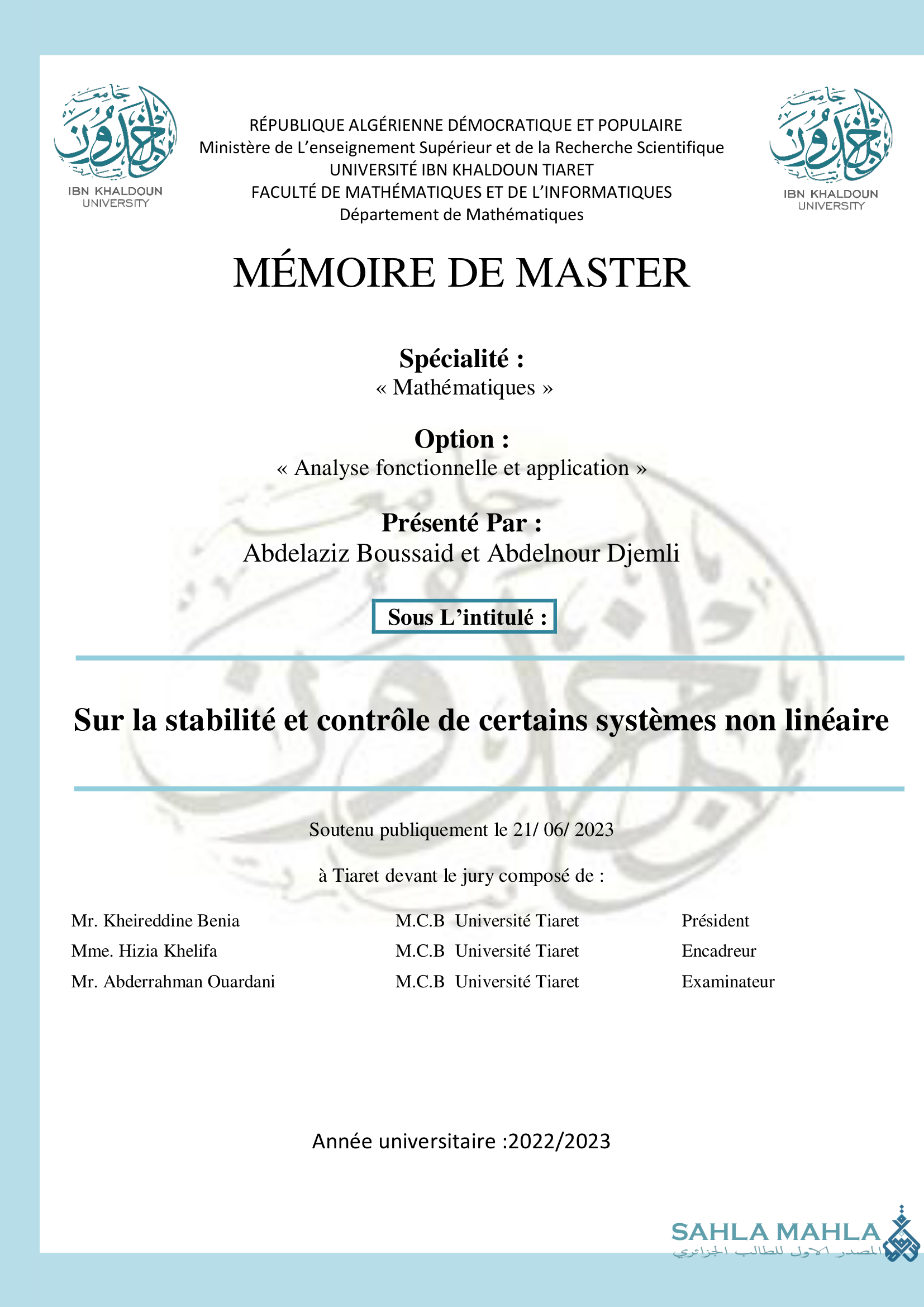 Sur la stabilité et contrôle de certains systèmes non linéaire