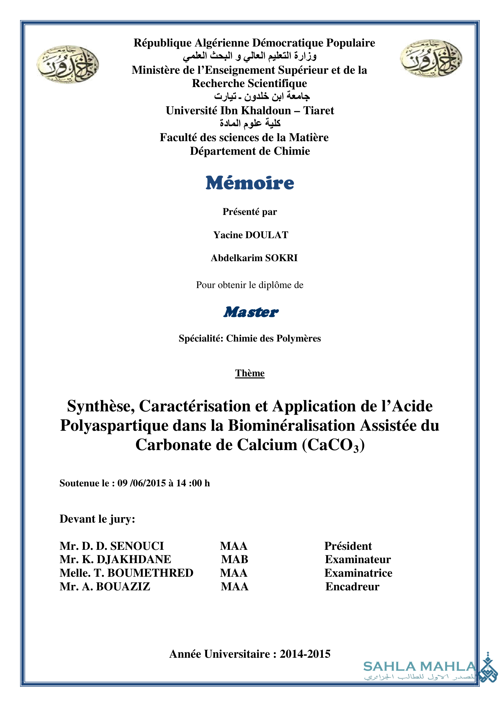 Synthèse, Caractérisation et Application de l'Acide Polyaspartique dans la Biominéralisation Assistée du Carbonate de Calcium (CaCO3)