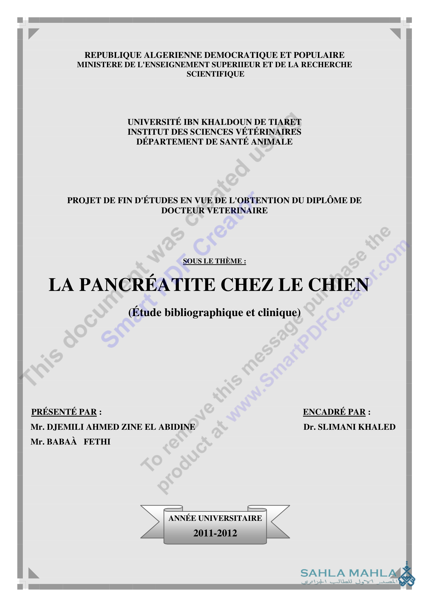 LA PANCRÉATITE CHEZ LE CHIEN (Étude bibliographique et clinique)