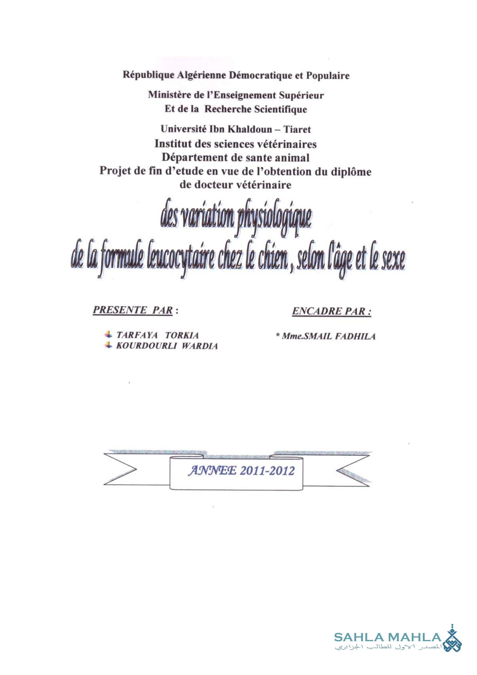des variation physiologique de la formule leucocytaire chez le chien, selon l'âge et le sexe