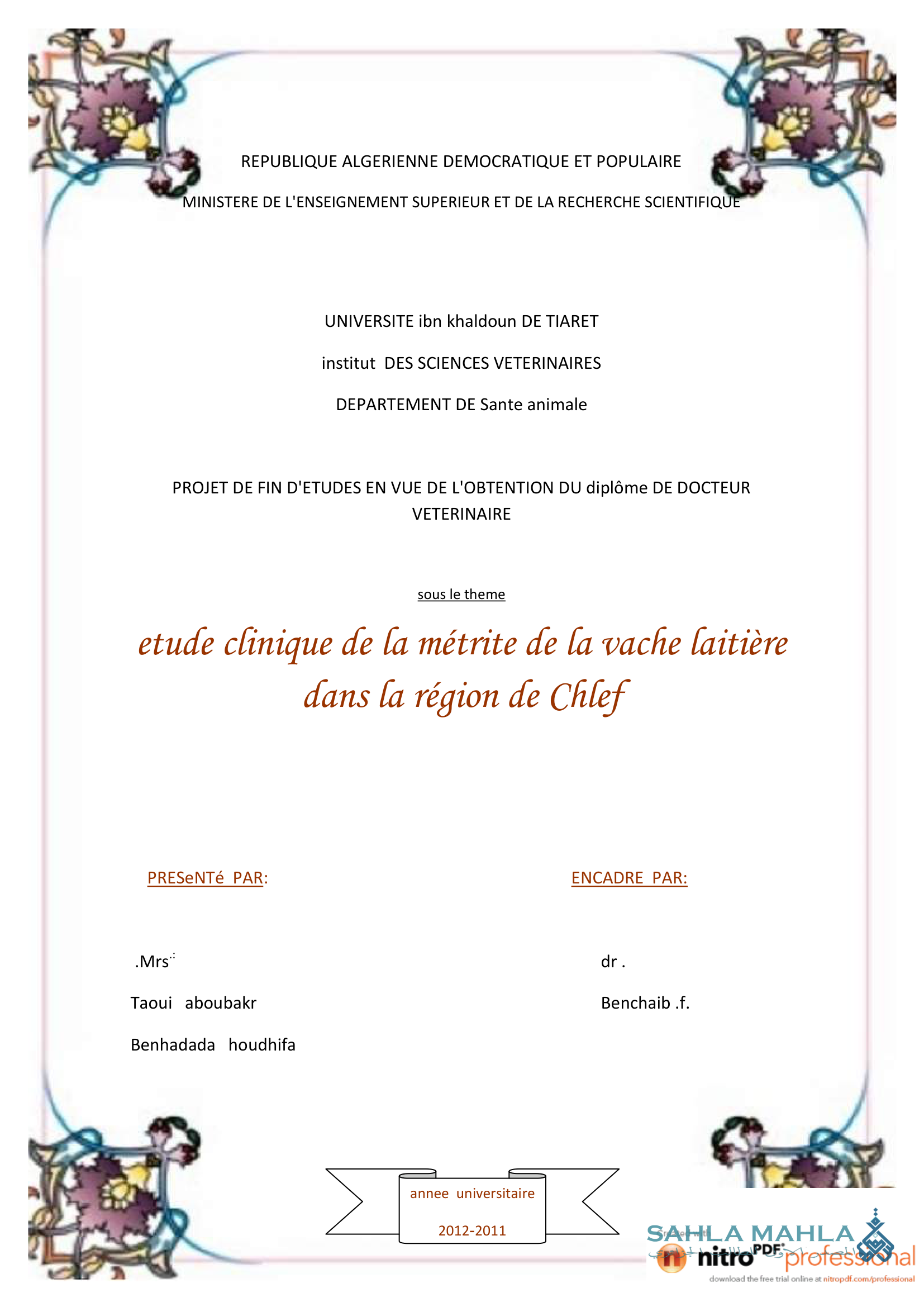 etude clinique de la métrite de la vache laitière dans la région de Chlef
