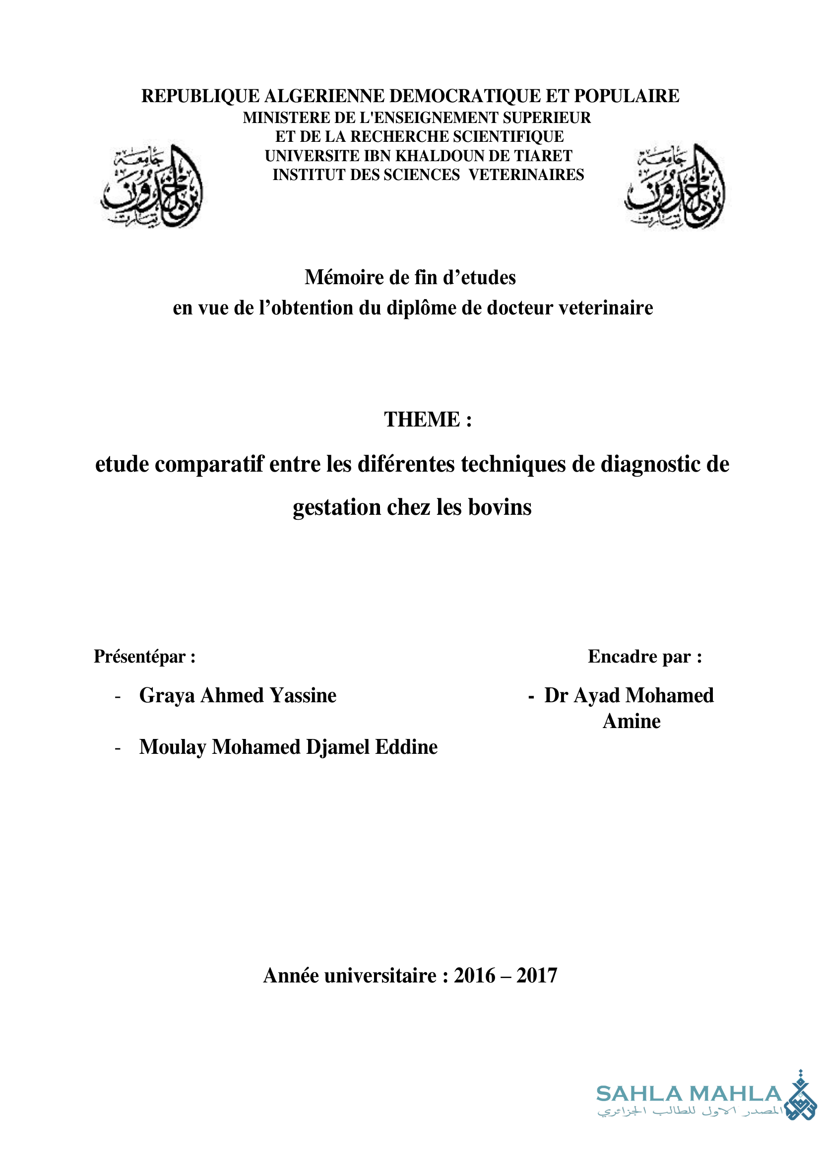 etude comparatif entre les diférentes techniques de diagnostic de gestation chez les bovins