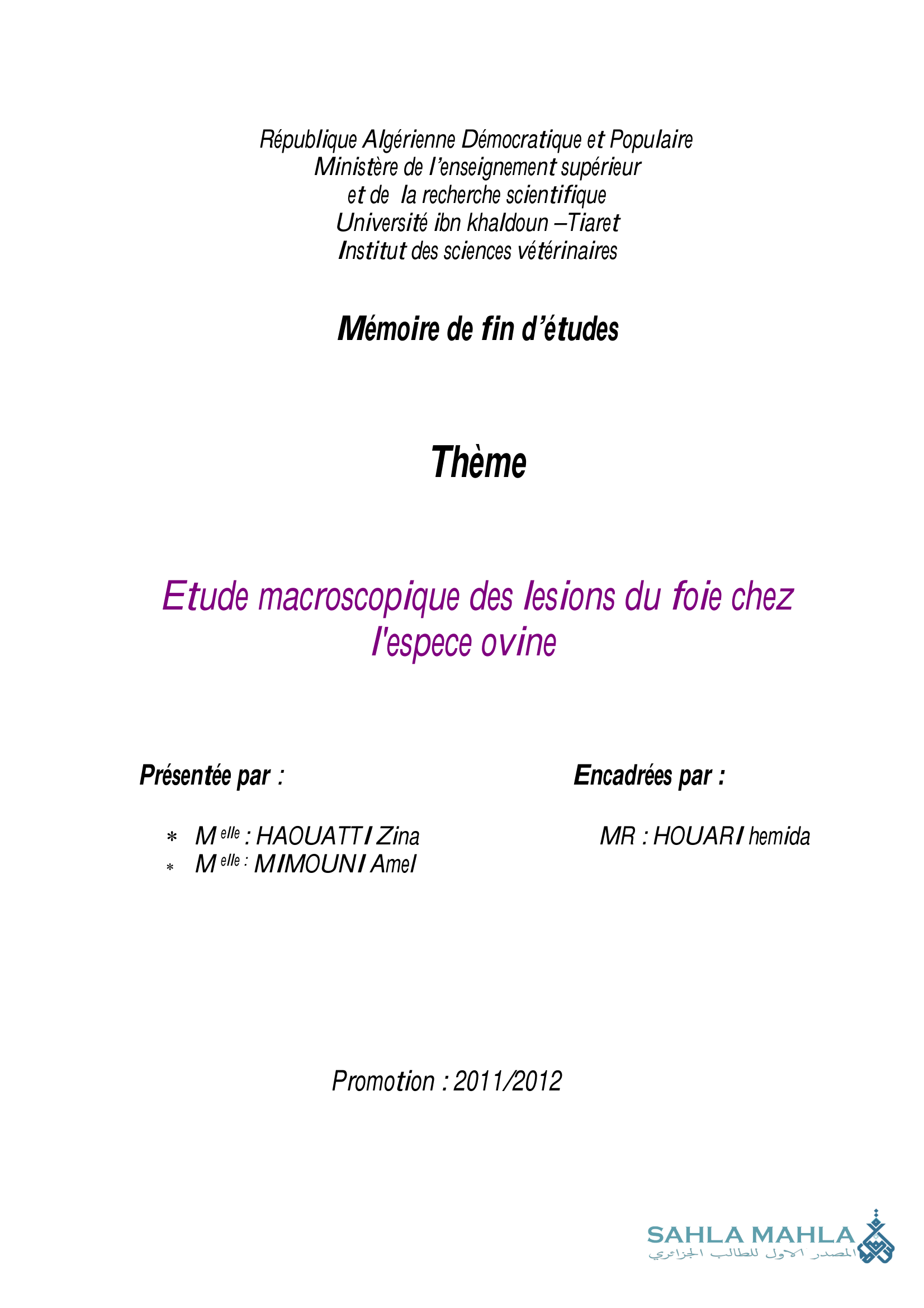 Etude macroscopique des lesions du foie chez l'espece ovine