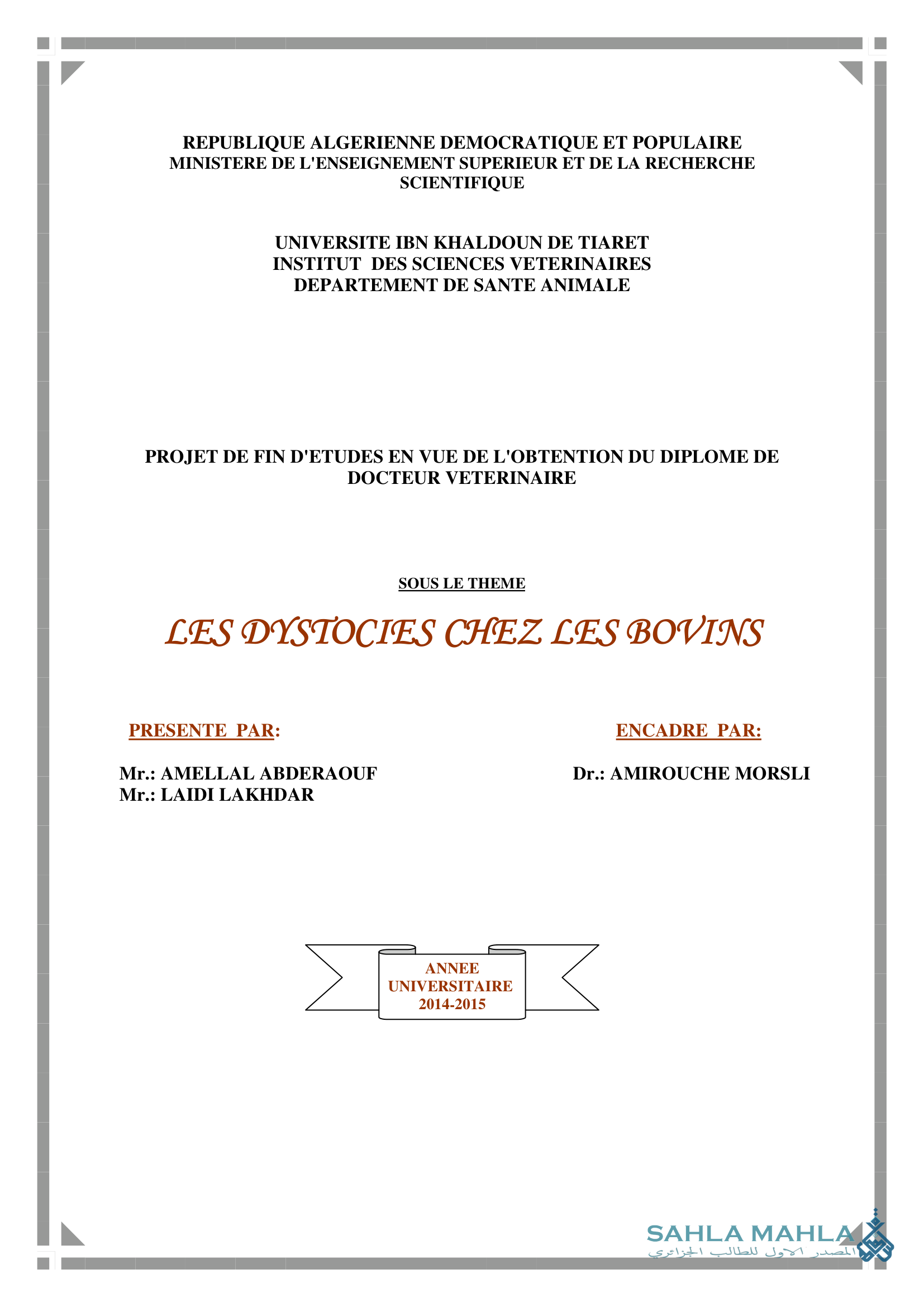 LES DYSTOCIES CHEZ LES BOVINS