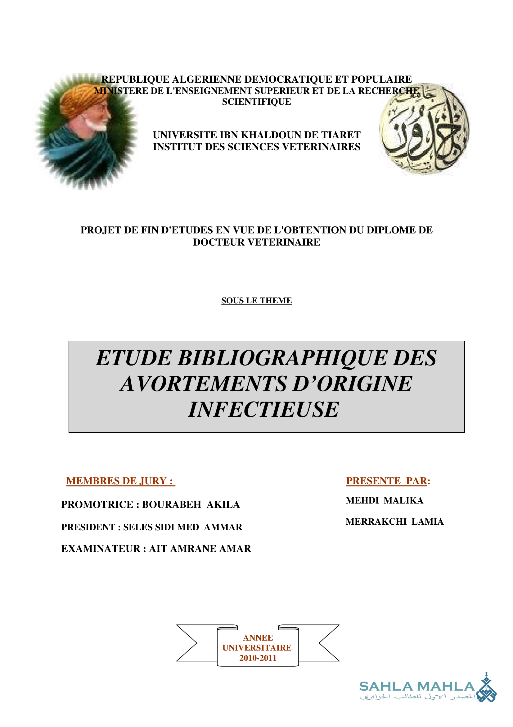 ETUDE BIBLIOGRAPHIQUE DES AVORTEMENTS D'ORIGINE INFECTIEUSE