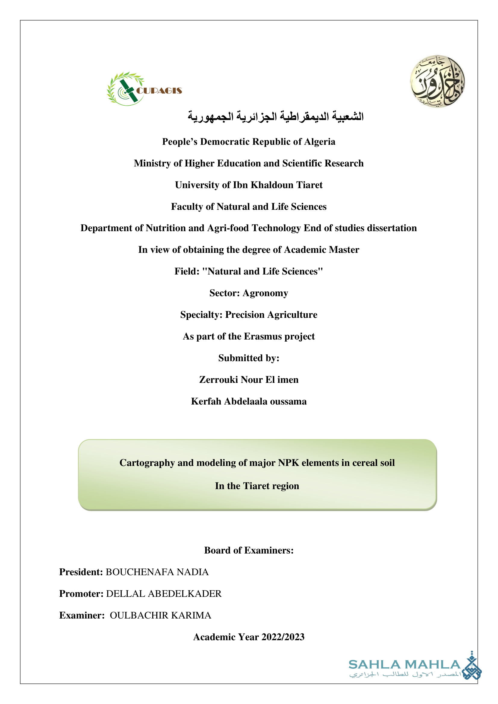 Cartography and modeling of major NPK elements in cereal soil in the Tiaret region