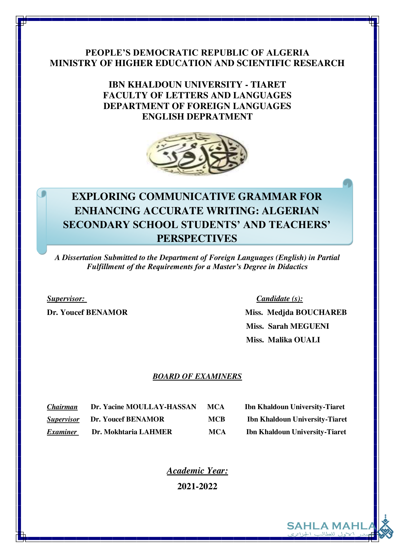 EXPLORING COMMUNICATIVE GRAMMAR FOR ENHANCING ACCURATE WRITING: ALGERIAN SECONDARY SCHOOL STUDENTS' AND TEACHERS' PERSPECTIVES