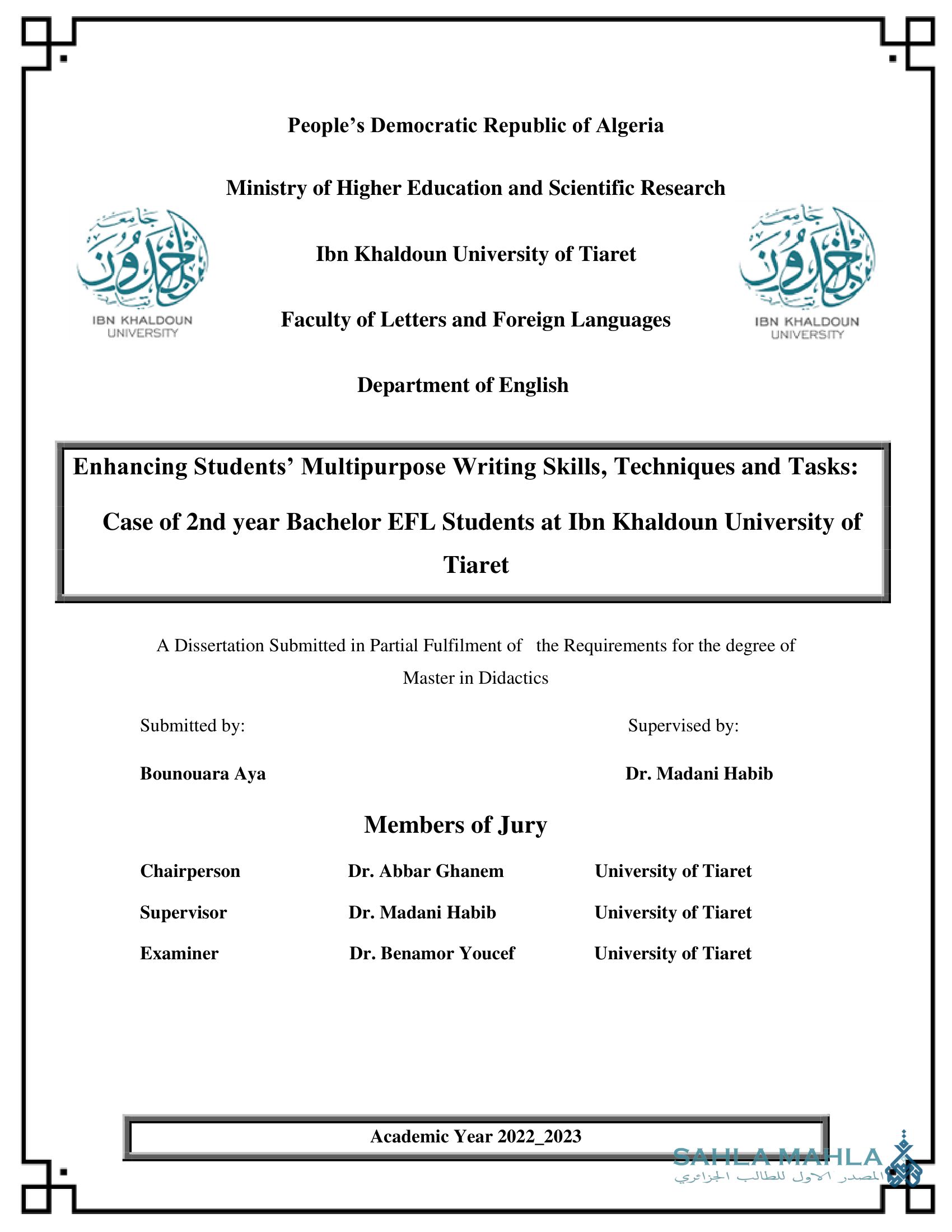 Enhancing Students' Multipurpose Writing Skills, Techniques and Tasks: Case of 2nd year Bachelor EFL Students at Ibn Khaldoun University of Tiaret