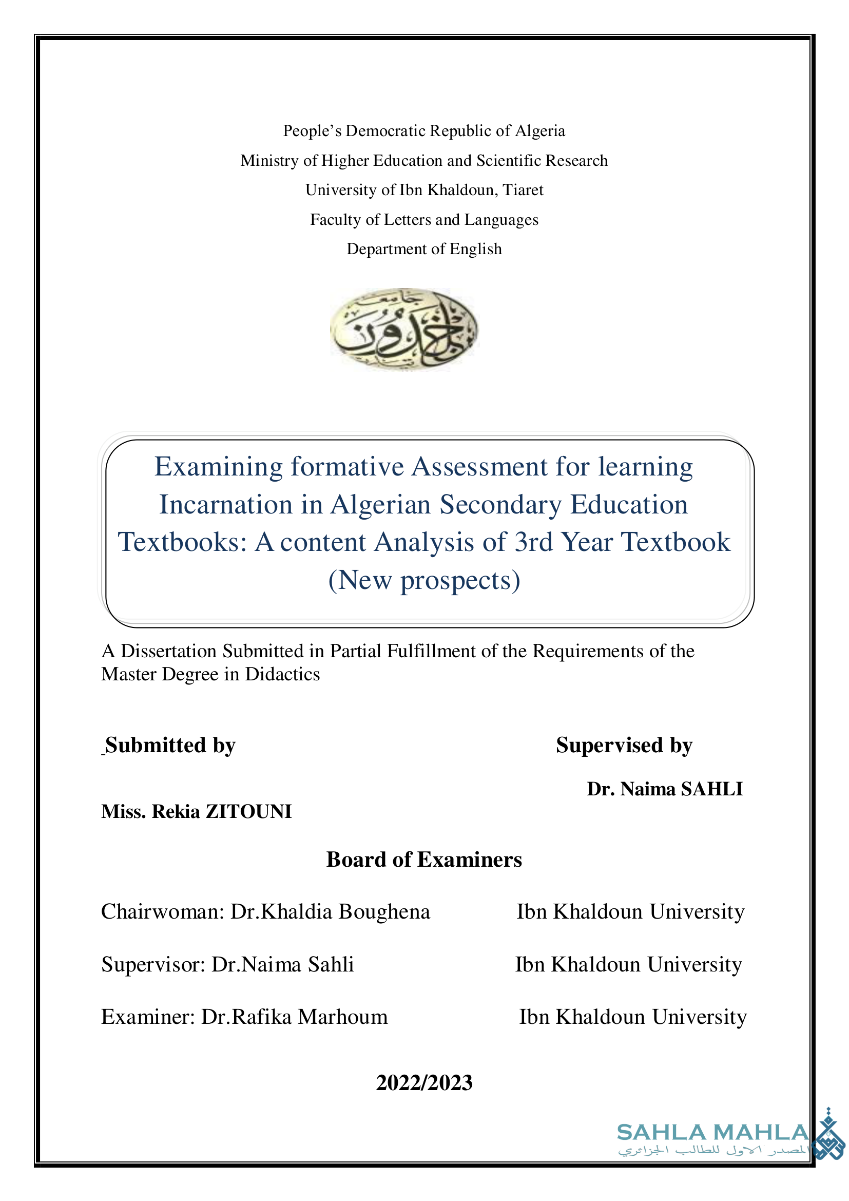 Examining formative Assessment for learning Incarnation in Algerian Secondary Education Textbooks: A content Analysis of 3rd Year Textbook (New prospects)