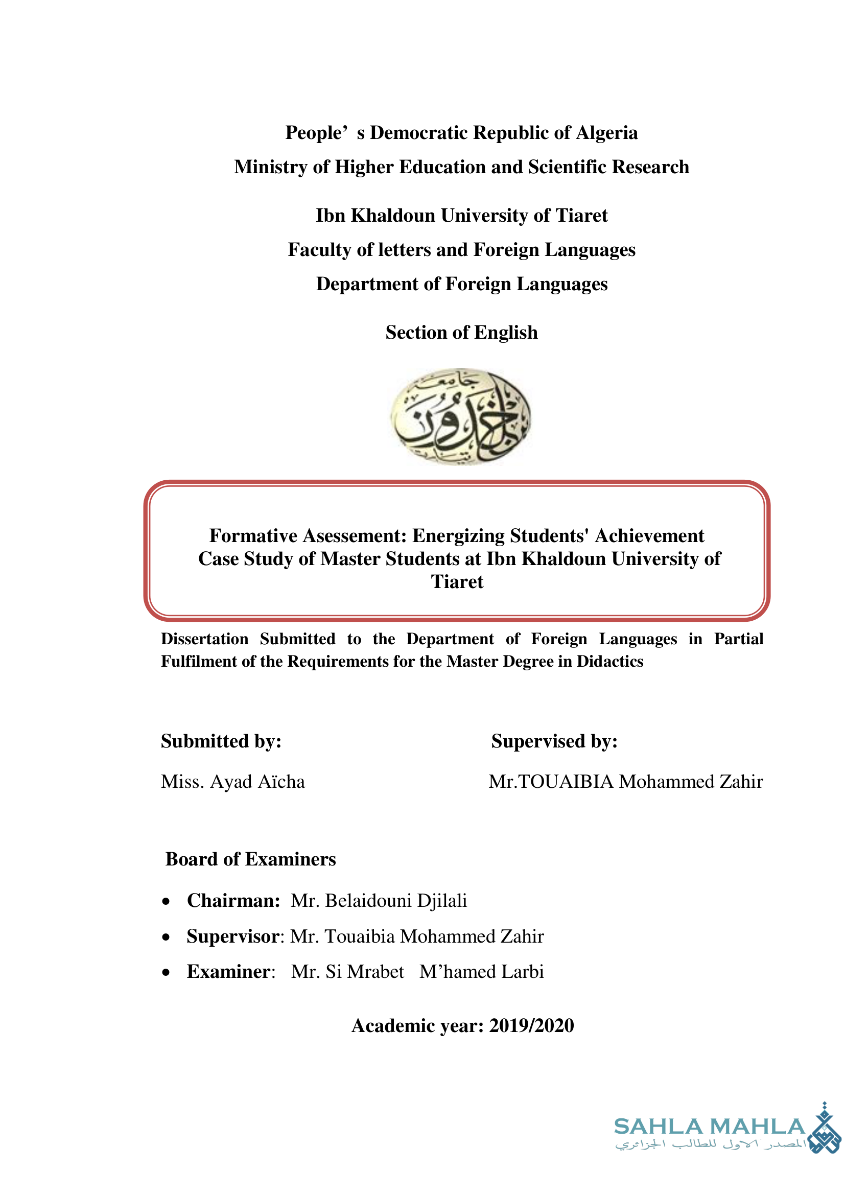 Formative Asessement: Energizing Students' Achievement Case Study of Master Students at Ibn Khaldoun University of Tiaret