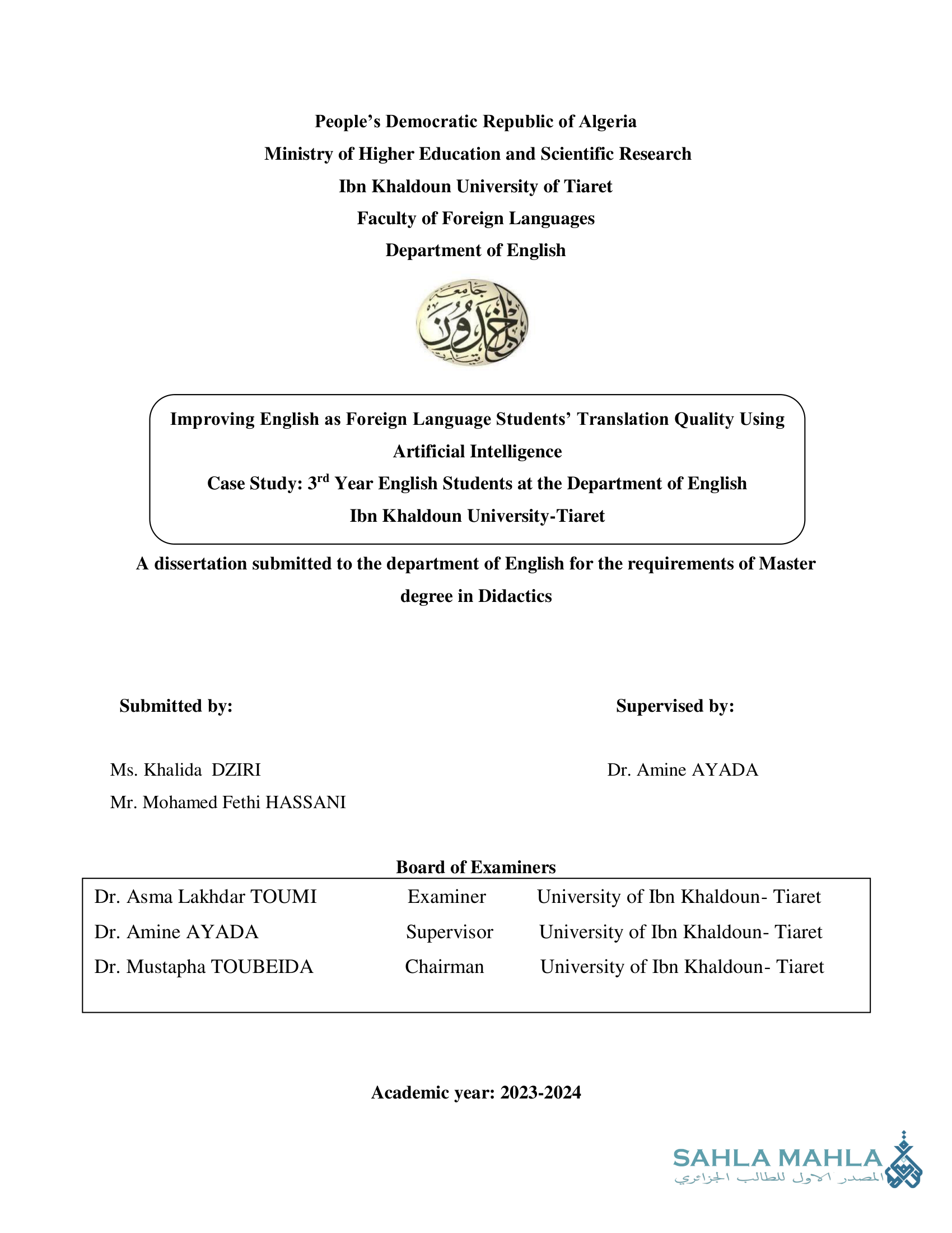Improving English as Foreign Language Students' Translation Quality Using Artificial Intelligence - Case Study: 3rd Year English Students at the Department of English Ibn Khaldoun University-Tiaret
